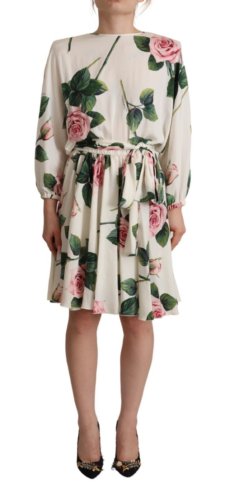 Dolce & Gabbana White Rose Print Long Sleeves A-line Dress | Regal Royce