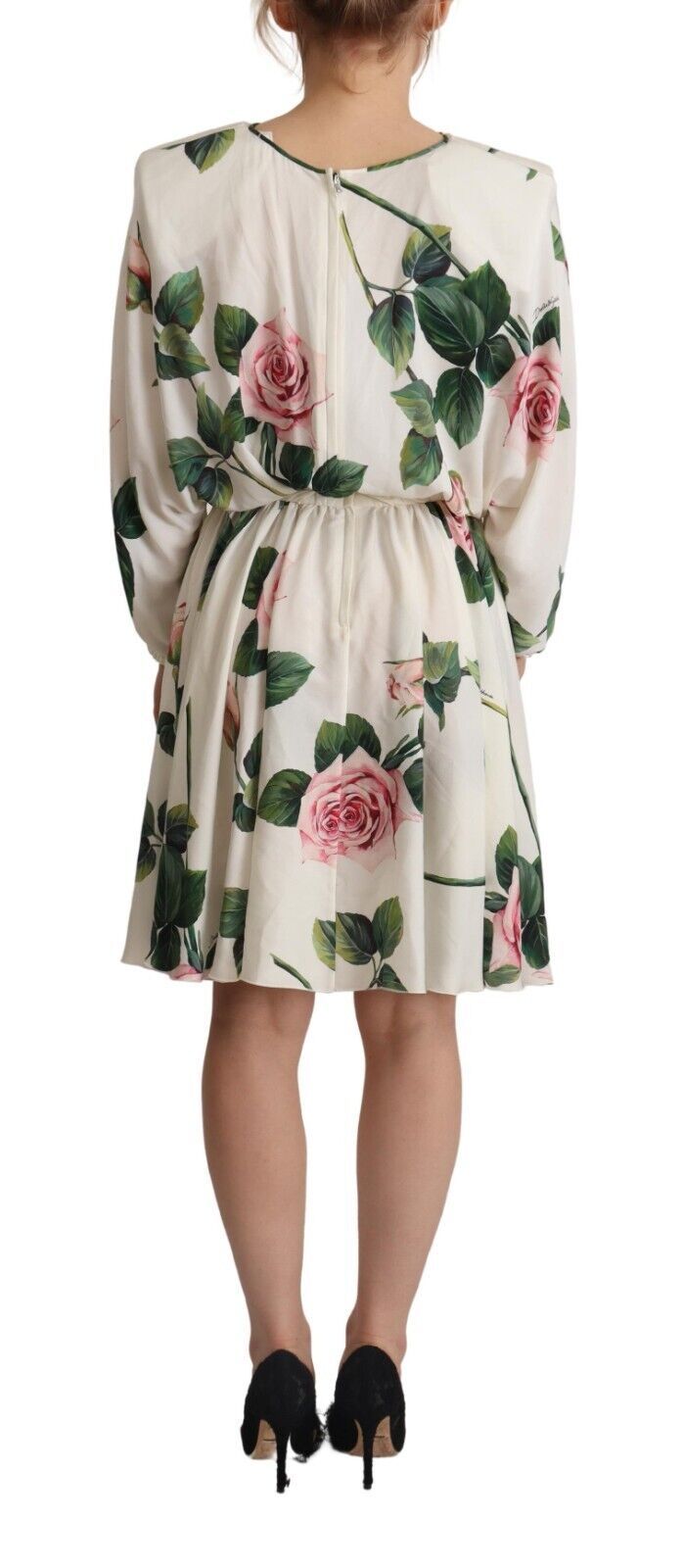 Dolce & Gabbana White Rose Print Long Sleeves A-line Dress | Regal Royce
