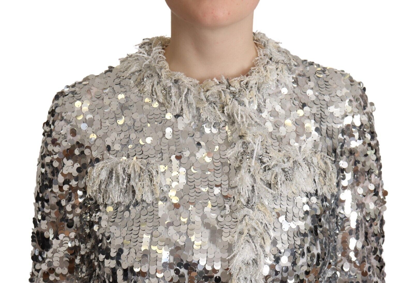 Dolce & Gabbana Silver Sequined Shearling Long Sleeves Jacket | Regal Royce