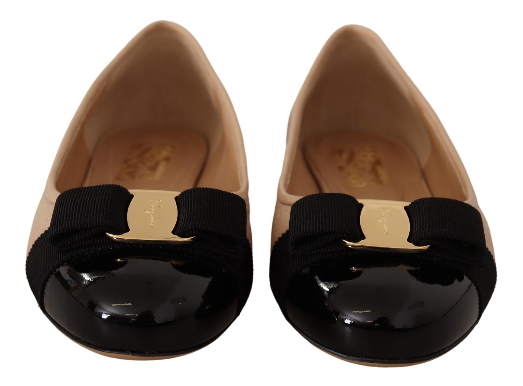Salvatore Ferragamo Beige and Black Nappa Leather Ballet Flat Shoes | Regal Royce