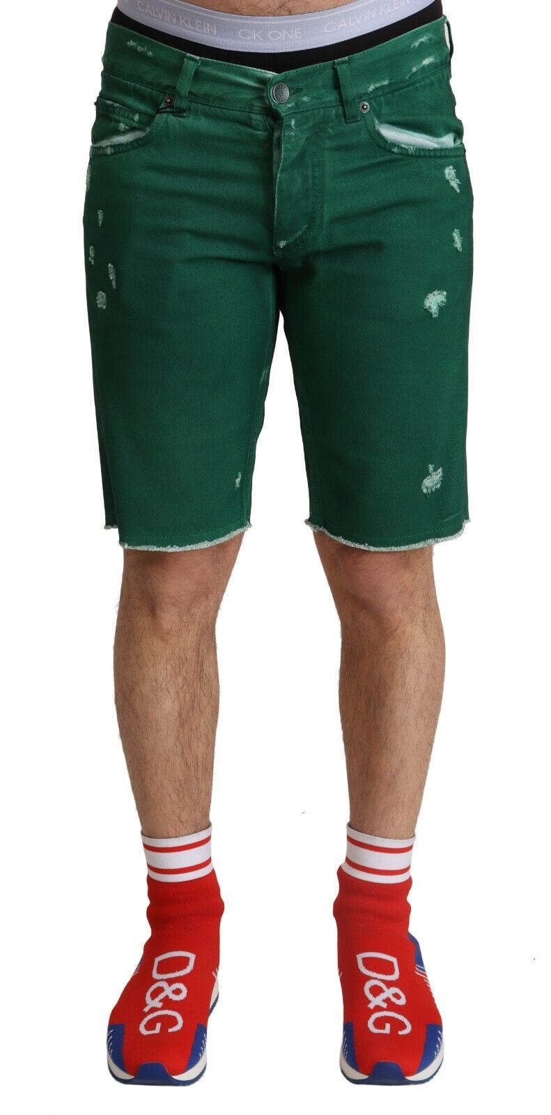 Dolce & Gabbana Green Tattered Cotton Men Denim Bermuda Shorts | Regal Royce