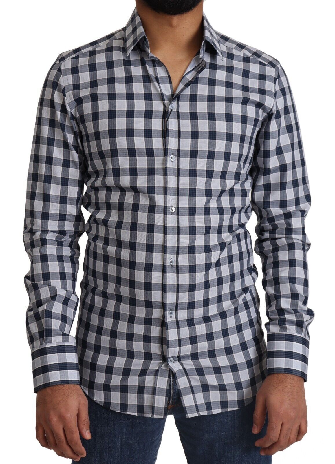 Dolce & Gabbana Blue White Check Cotton Slim Fit GOLD Shirt | Regal Royce