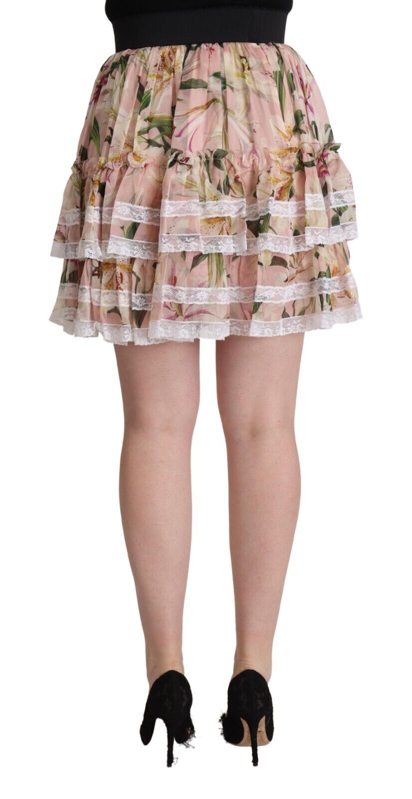 Dolce & Gabbana Pink Lily Print Silk Mini Tiered A-line Skirt | Regal Royce