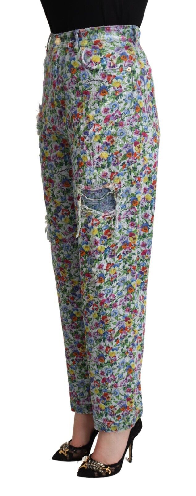 Dolce & Gabbana Blue Floral Print High Waist Denim Tapered Jeans | Regal Royce