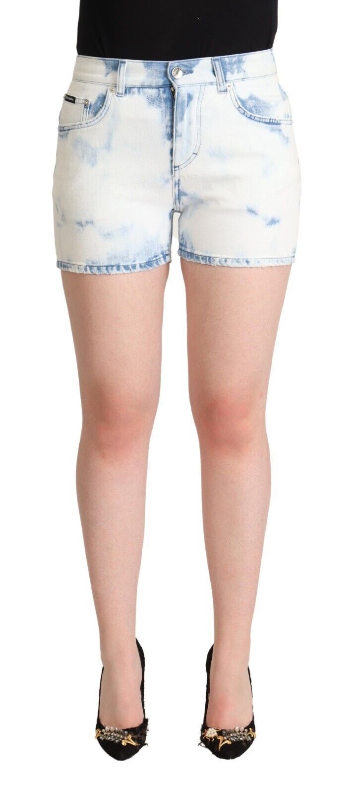 Dolce & Gabbana White Blue Dye Cotton Mid Waist Denim Shorts | Regal Royce