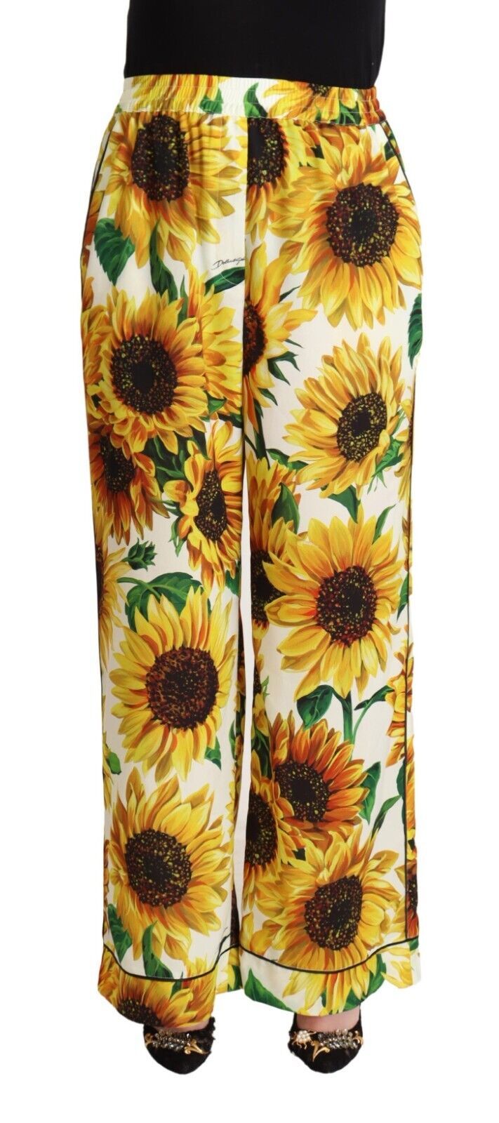 Dolce & Gabbana White Sunflower Print Mid Waist Wide Leg Pants | Regal Royce