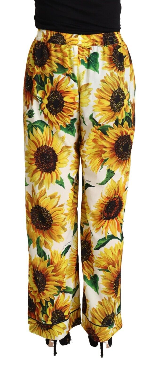 Dolce & Gabbana White Sunflower Print Mid Waist Wide Leg Pants | Regal Royce