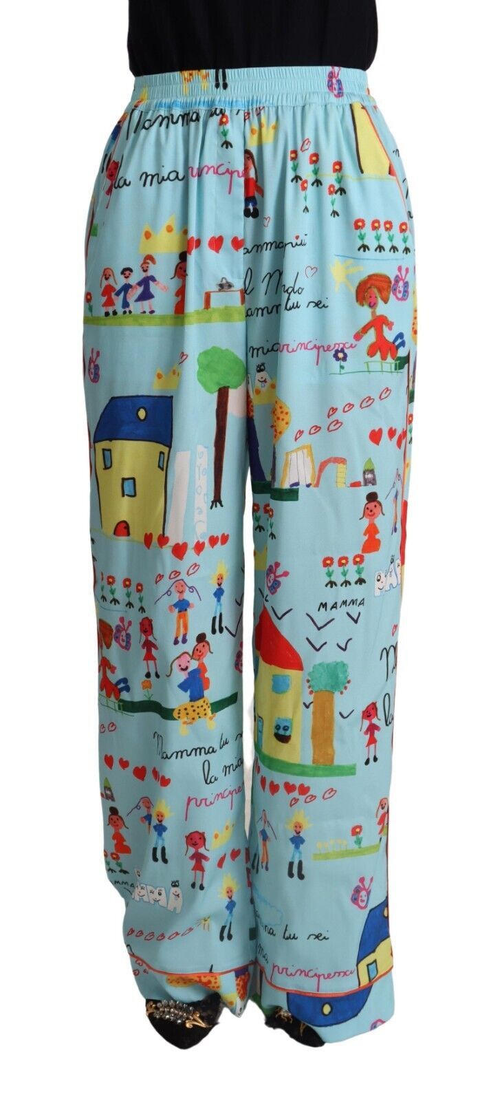 Dolce & Gabbana Light Blue Drawing Mid Waist Wide Leg Pants | Regal Royce