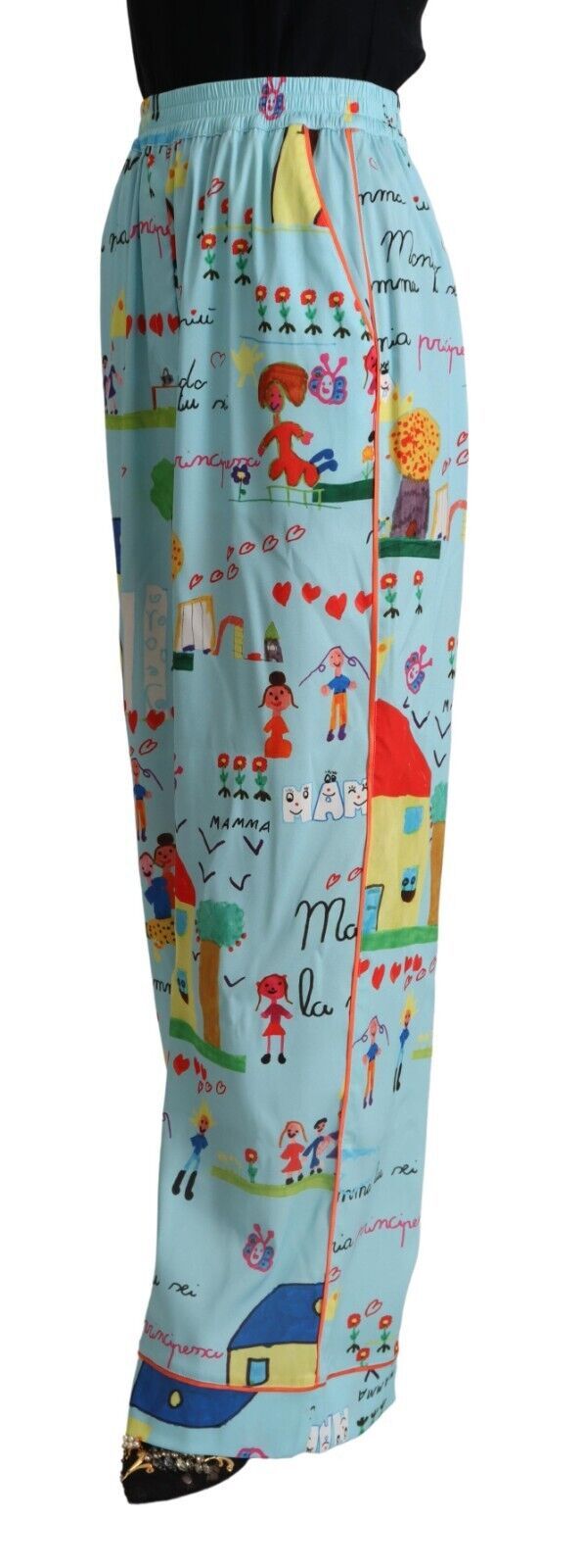 Dolce & Gabbana Light Blue Drawing Mid Waist Wide Leg Pants | Regal Royce