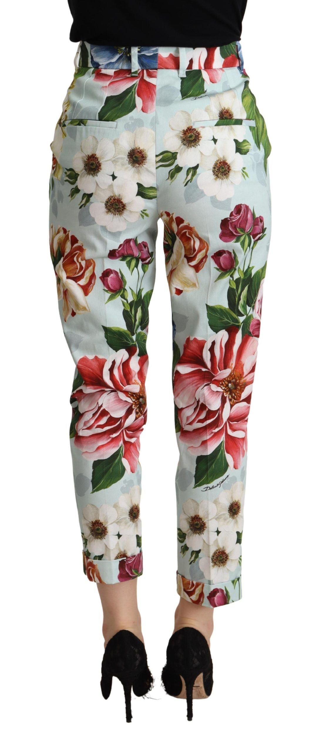 Dolce & Gabbana Light Blue Fiori Print Cotton Trouser Tapered Pants | Regal Royce