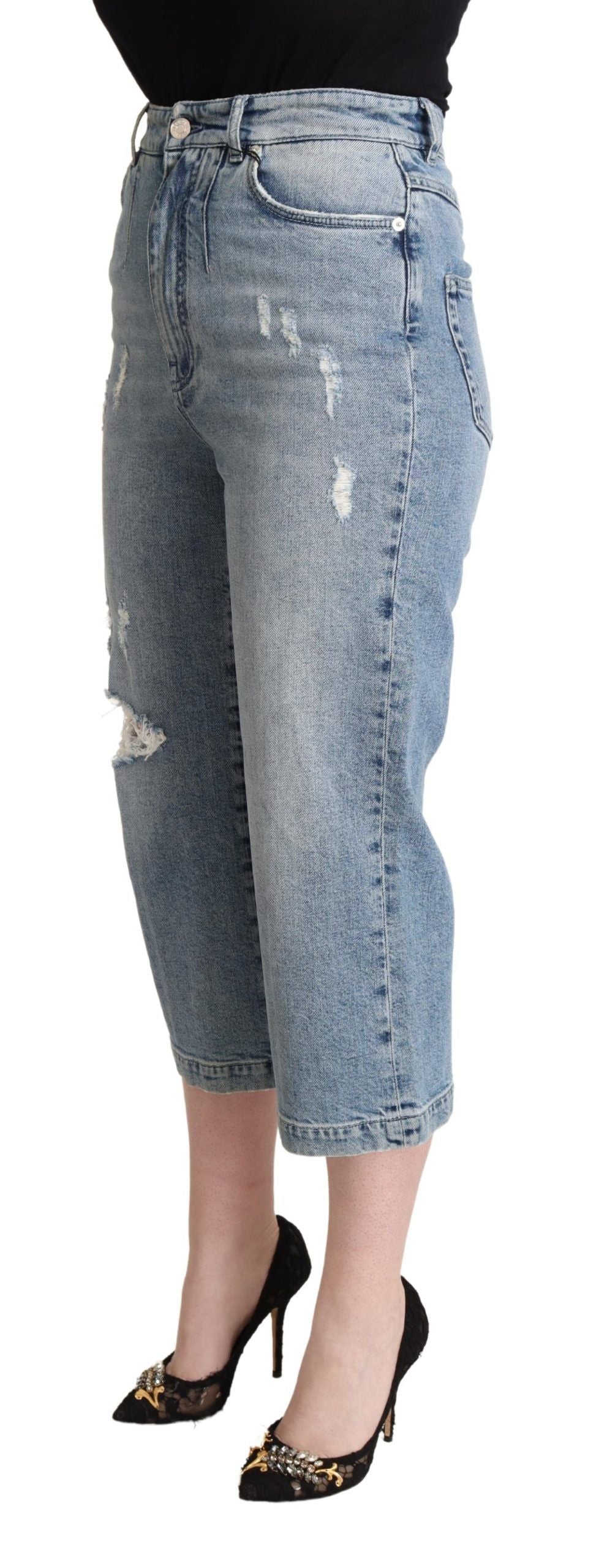 Dolce & Gabbana Blue Tattered Cotton Denim Capri Cropped Jeans | Regal Royce