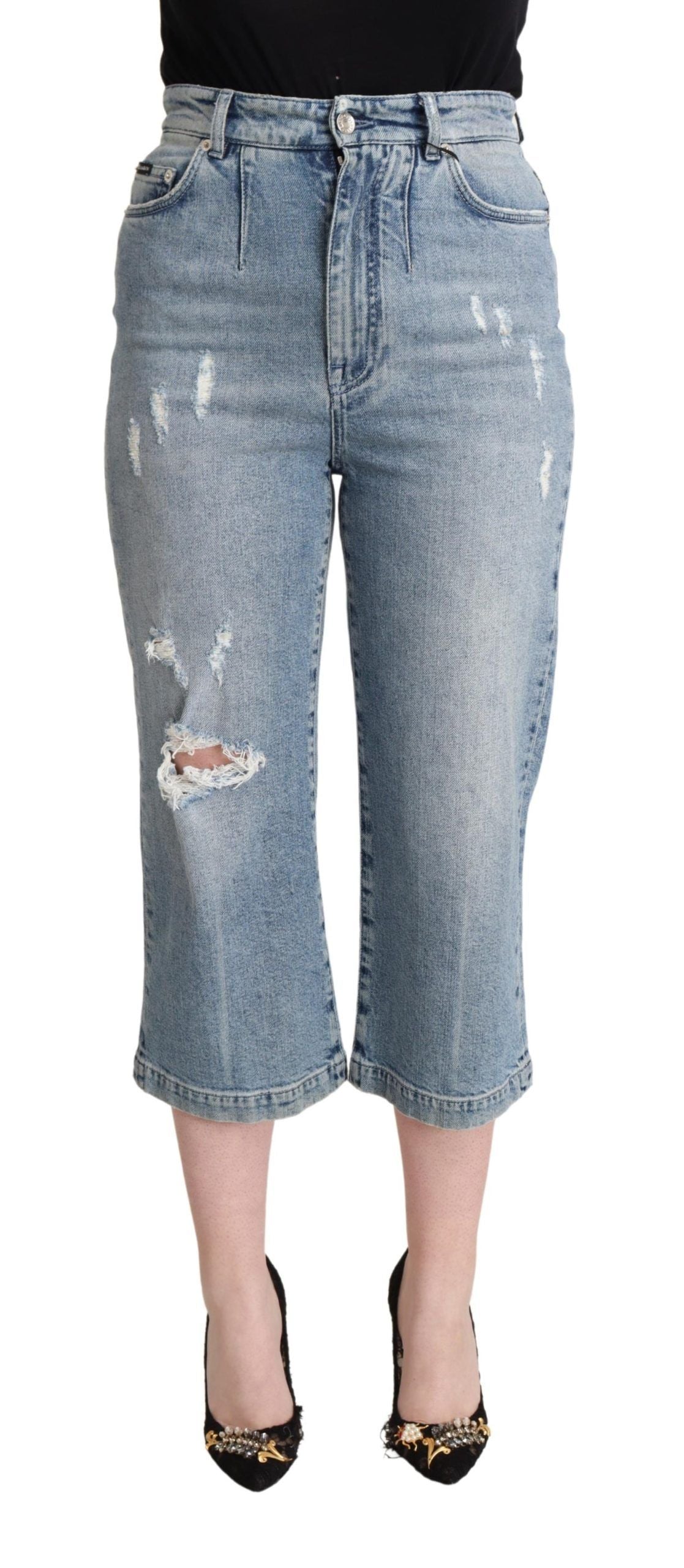 Dolce & Gabbana Blue Tattered Cotton Denim Capri Cropped Jeans | Regal Royce