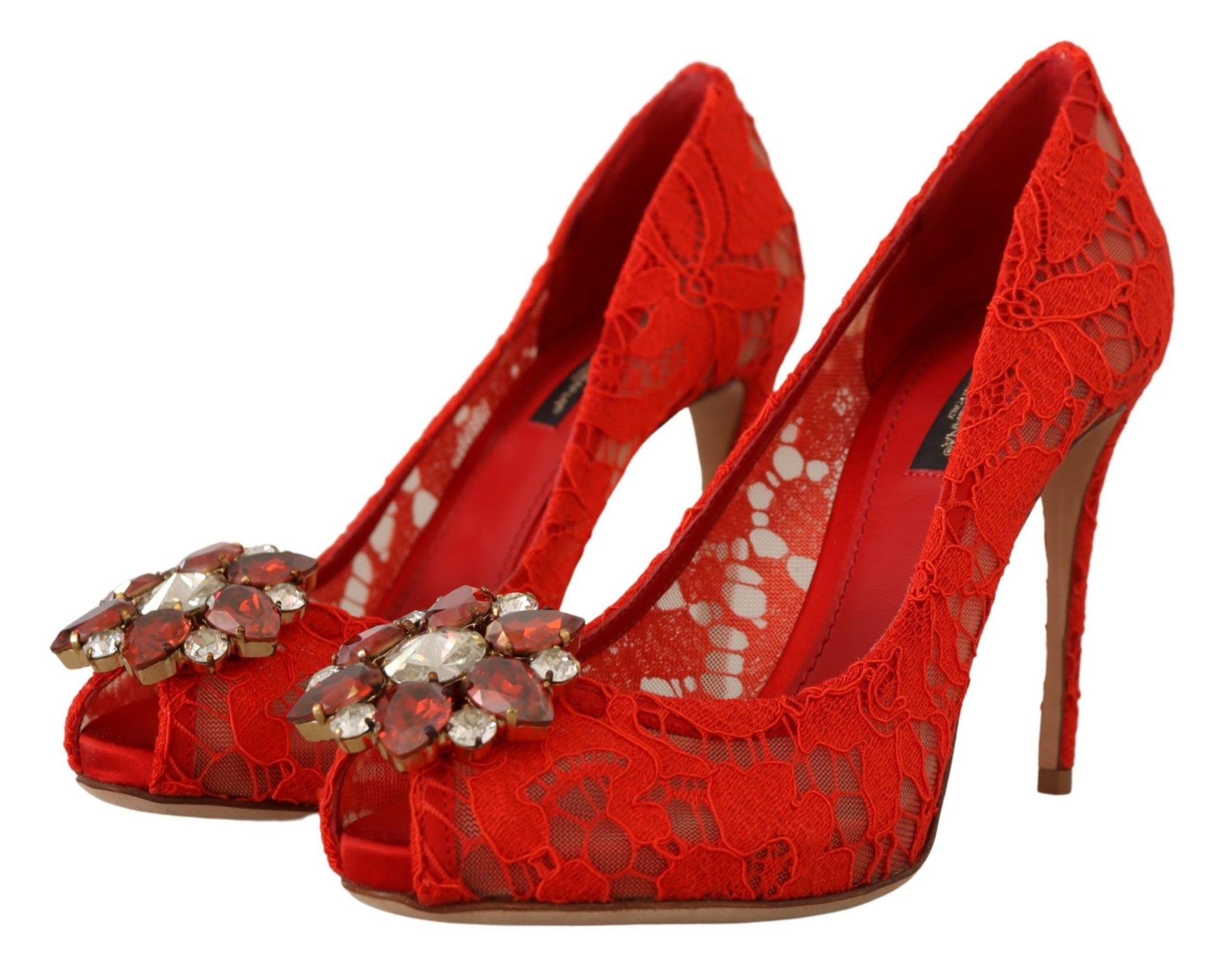 Dolce & Gabbana Red Taormina Lace Crystal Heels Pumps | Regal Royce