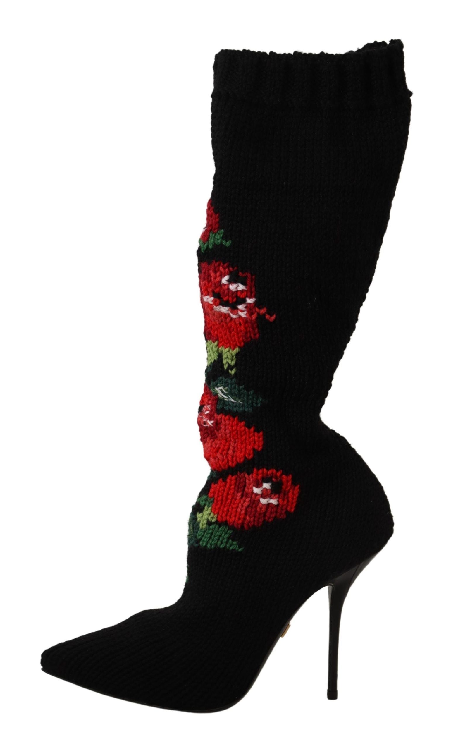 Dolce & Gabbana Black Stretch Socks Red Roses Booties Shoes | Regal Royce