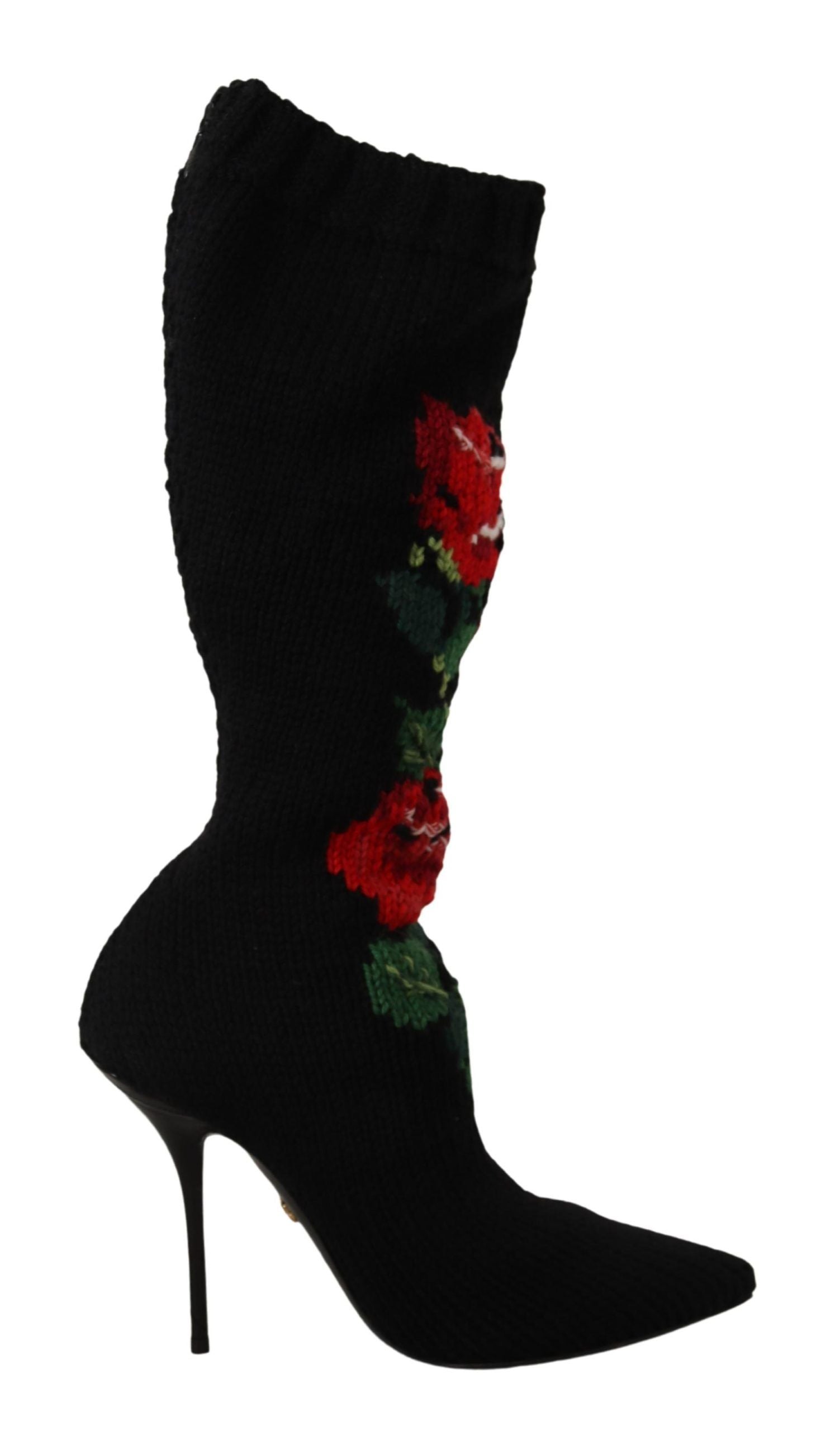 Dolce & Gabbana Black Stretch Socks Red Roses Booties Shoes | Regal Royce