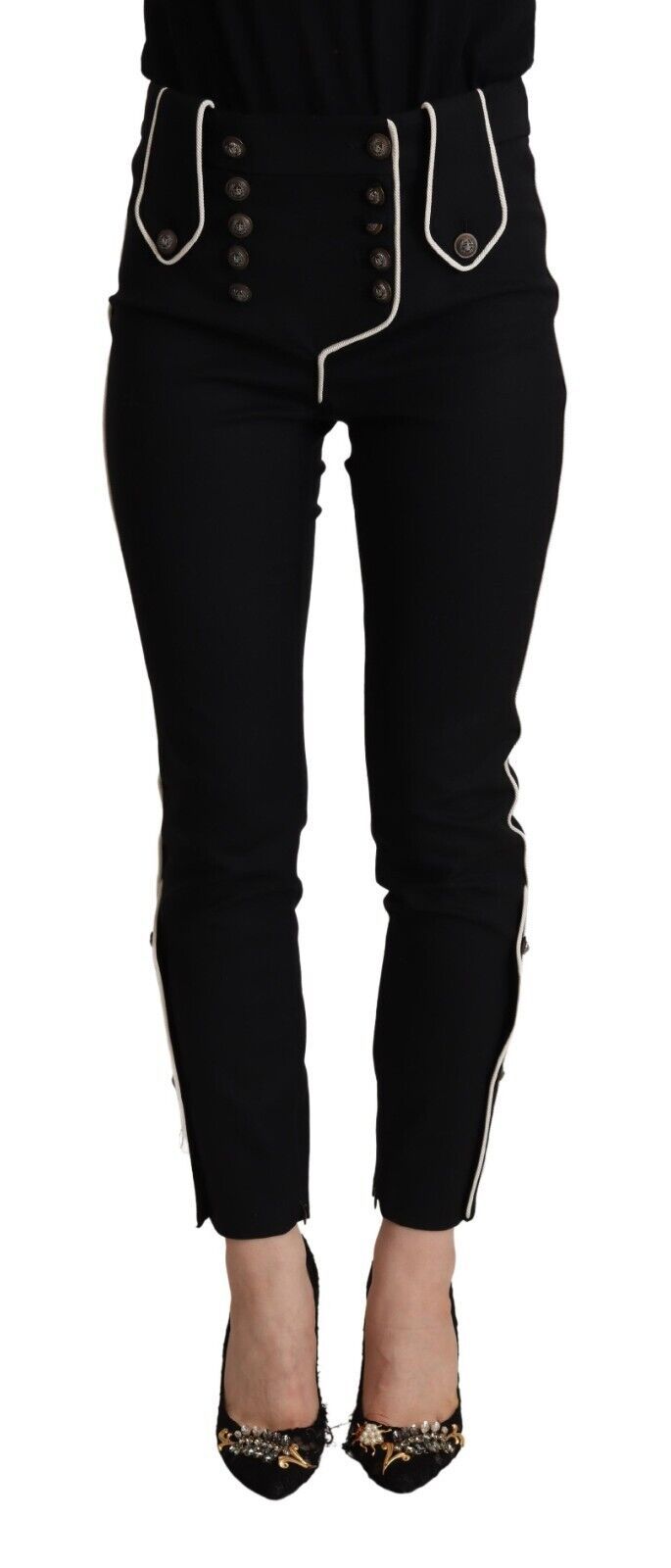 Dolce & Gabbana Black Mid Waist Button Embellished Slim Fit Pants | Regal Royce