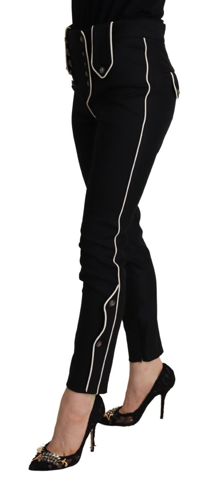Dolce & Gabbana Black Mid Waist Button Embellished Slim Fit Pants | Regal Royce