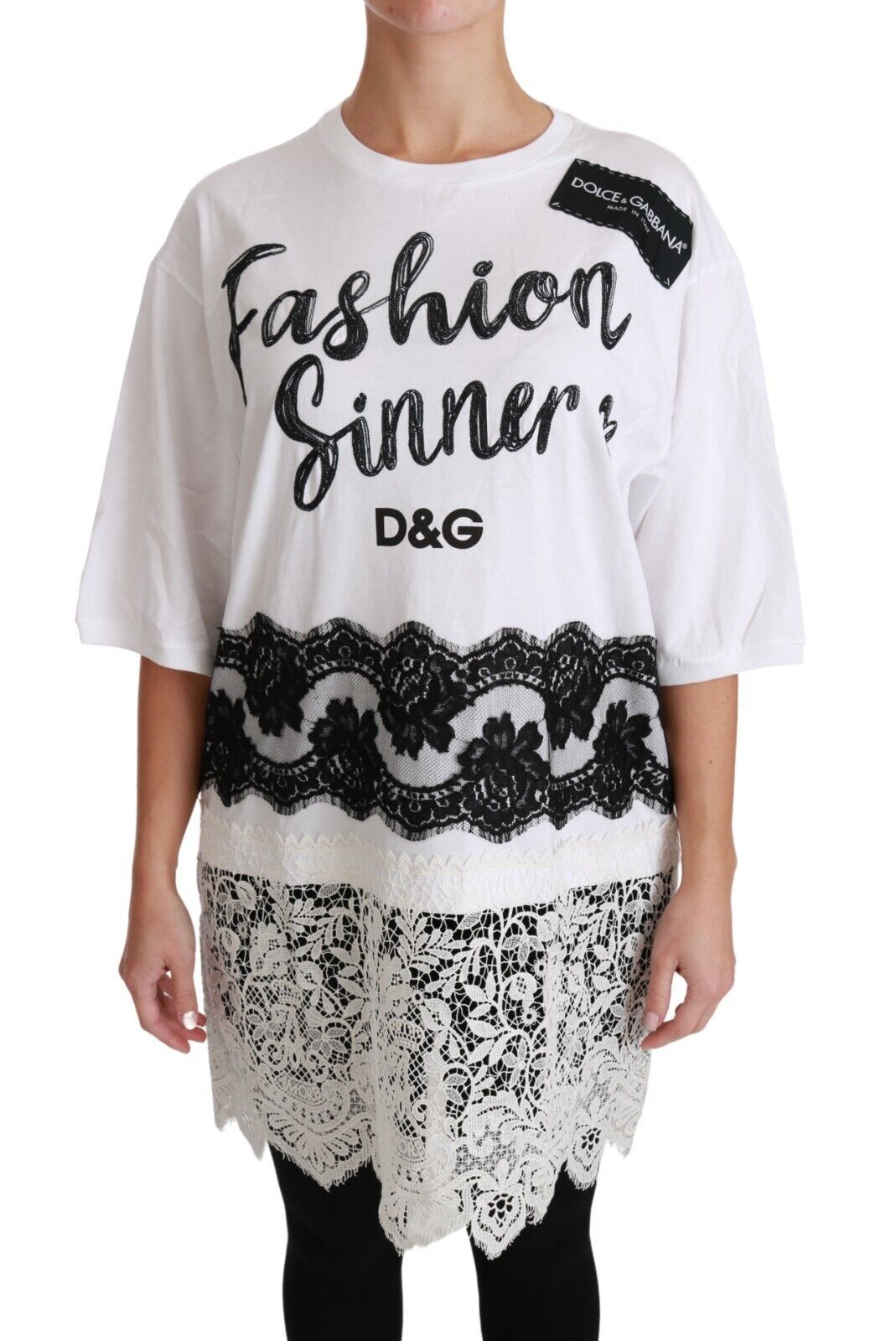Dolce & Gabbana White Fashion Sinner Cotton Lace T-shirt Top | Regal Royce