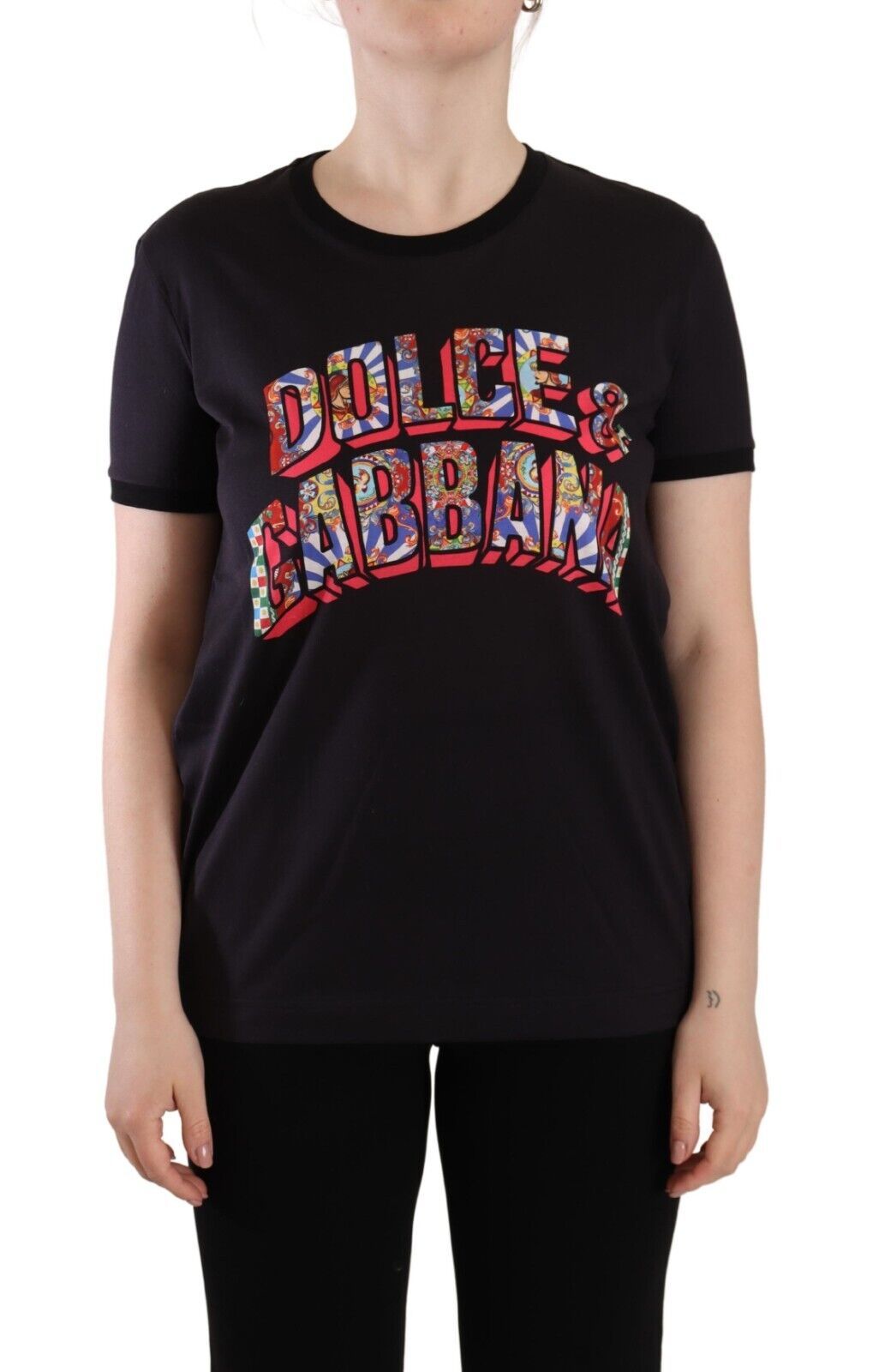 Dolce & Gabbana Black Logo Print Cotton Crew Neck Tee T-shirt | Regal Royce