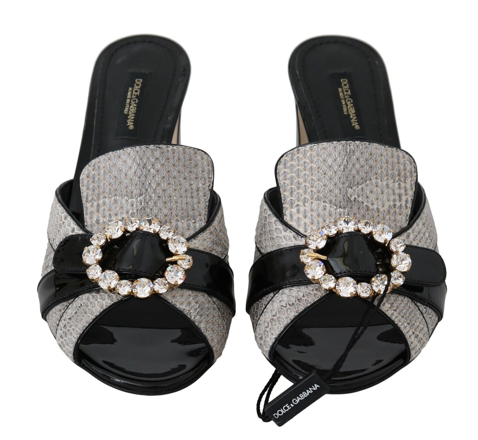 Dolce & Gabbana Black Gray Exotic Leather Crystals Sandals Shoes | Regal Royce