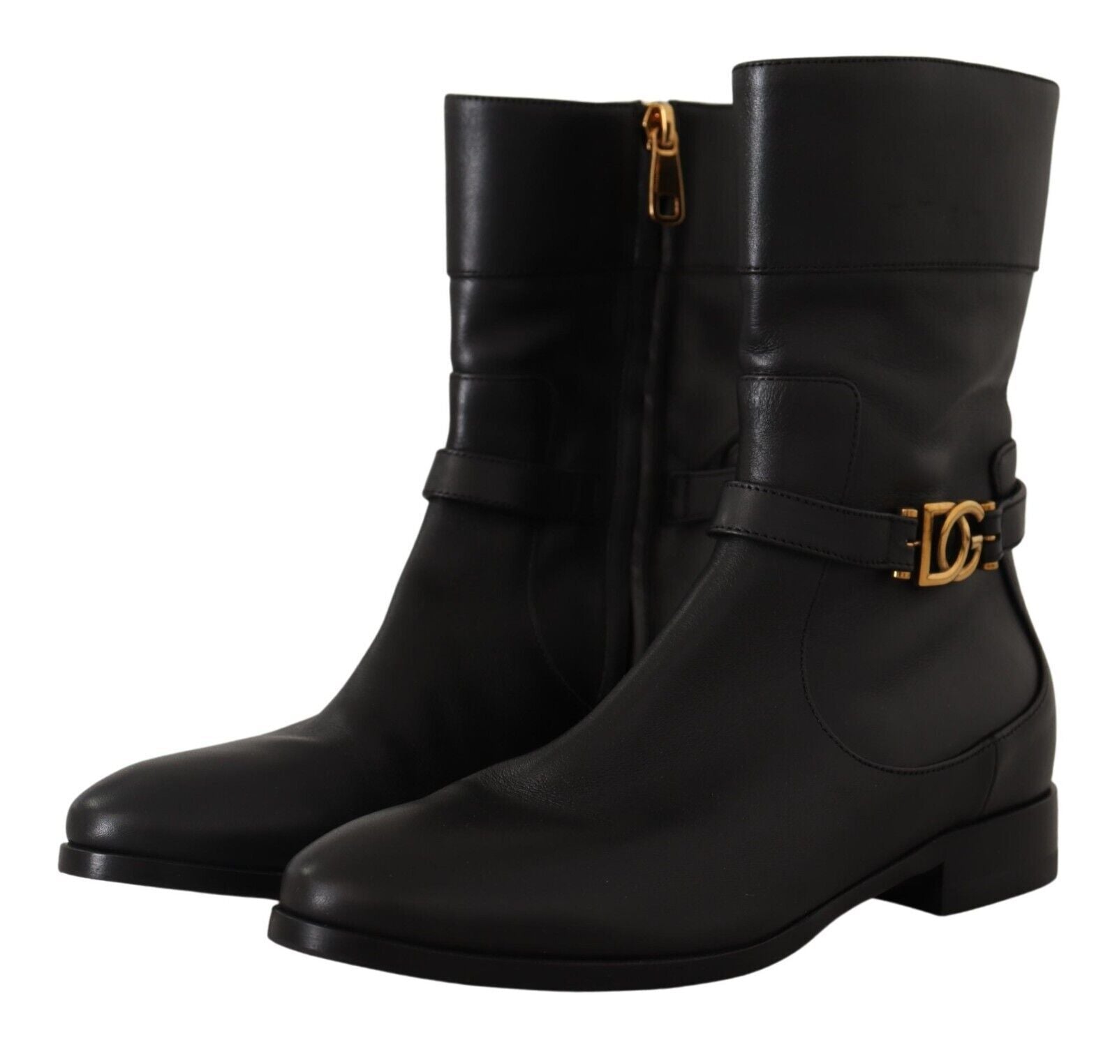 Dolce & Gabbana Black Leather Flats Logo Short Boots Shoes | Regal Royce