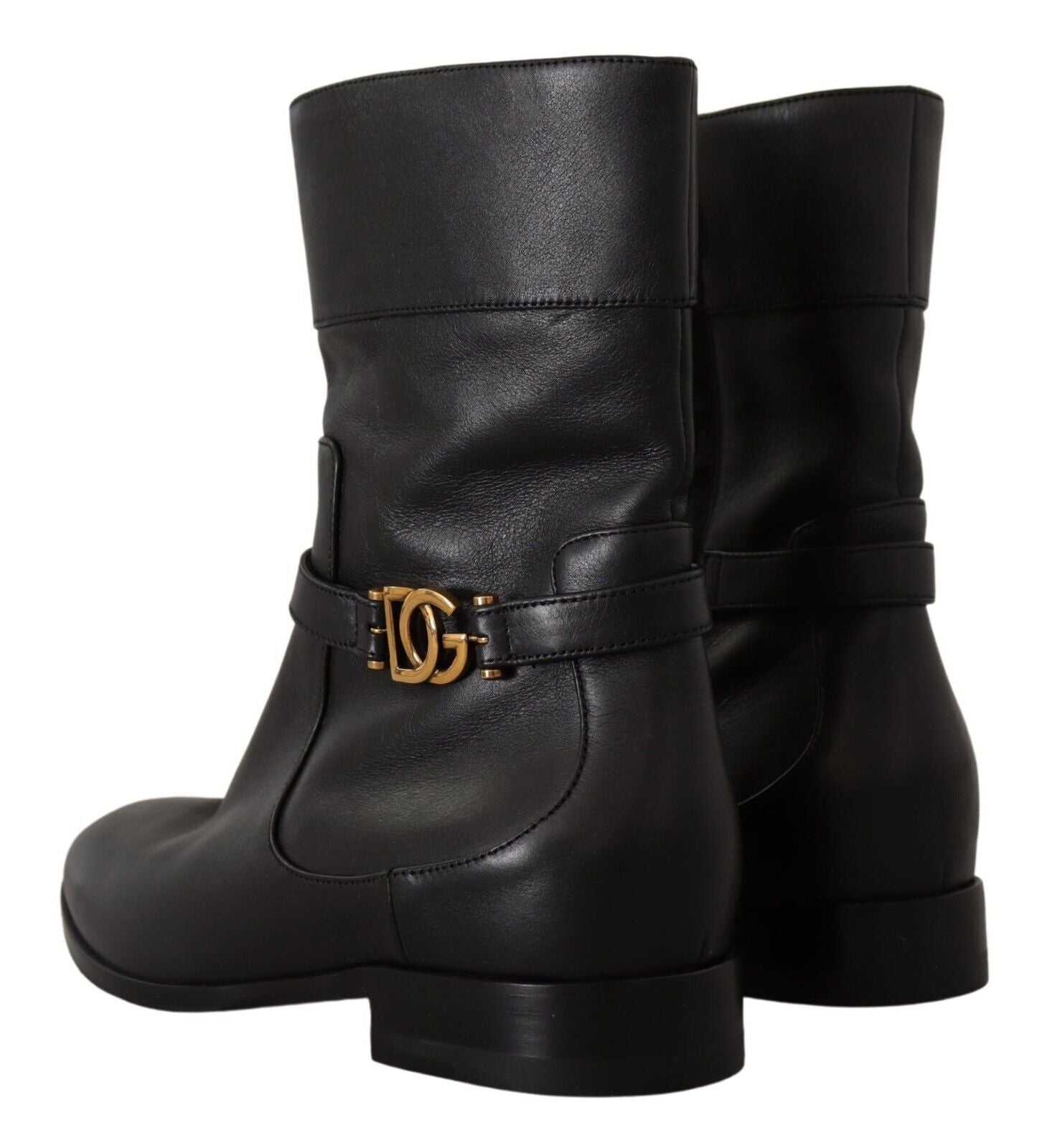 Dolce & Gabbana Black Leather Flats Logo Short Boots Shoes | Regal Royce