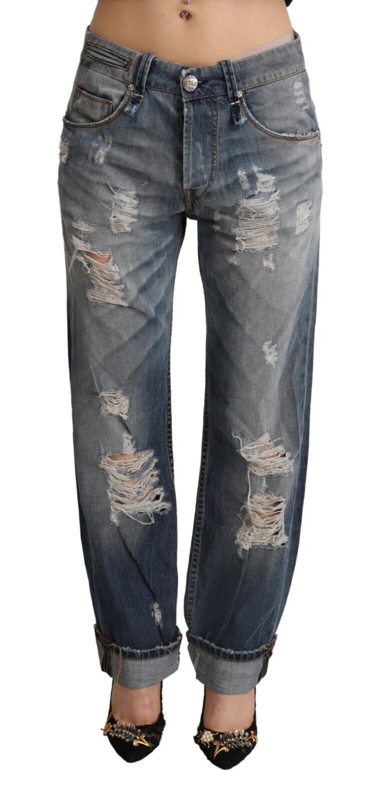 Acht Blue Tattered Mid Waist Straight Denim Cotton Jeans | Regal Royce