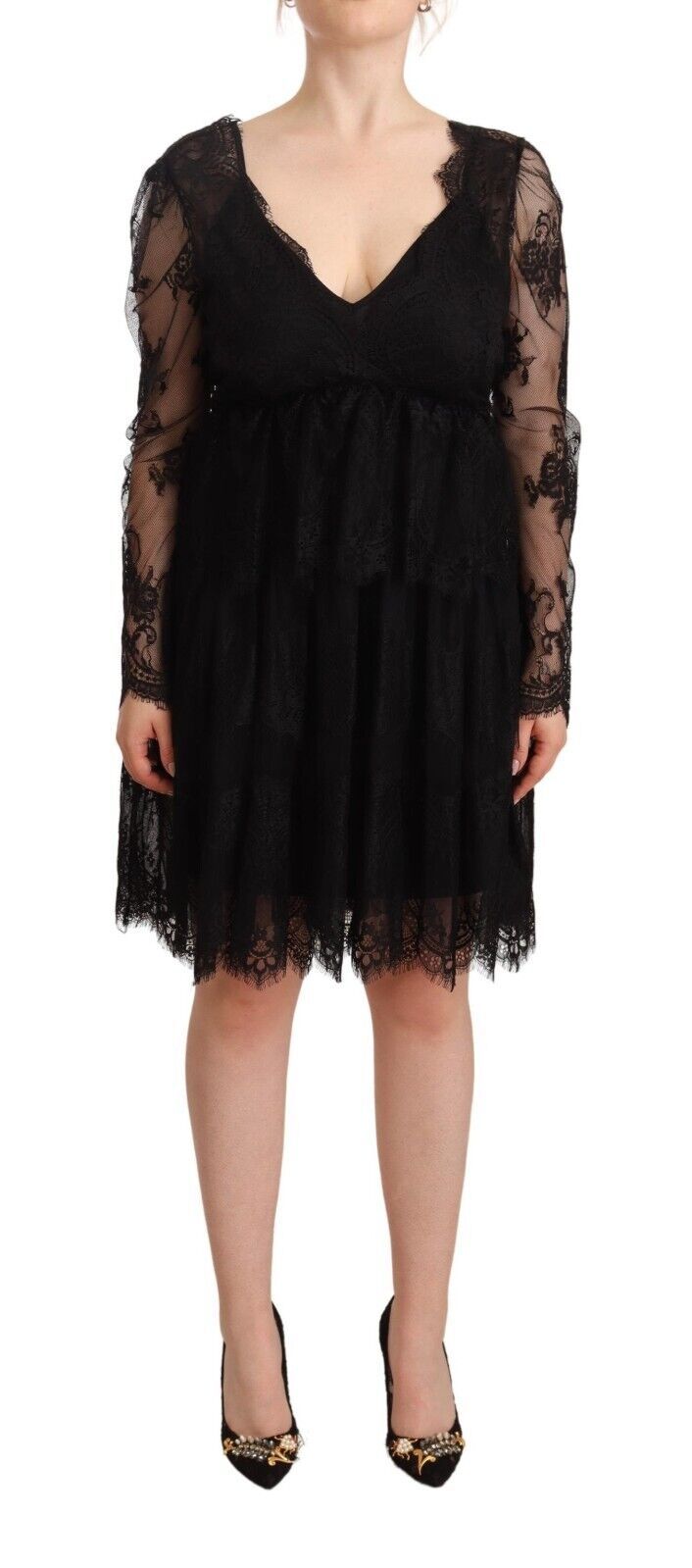 Aniye By Black Floral Lace Cotton Long Sleeves V-neck Shift Dress | Regal Royce