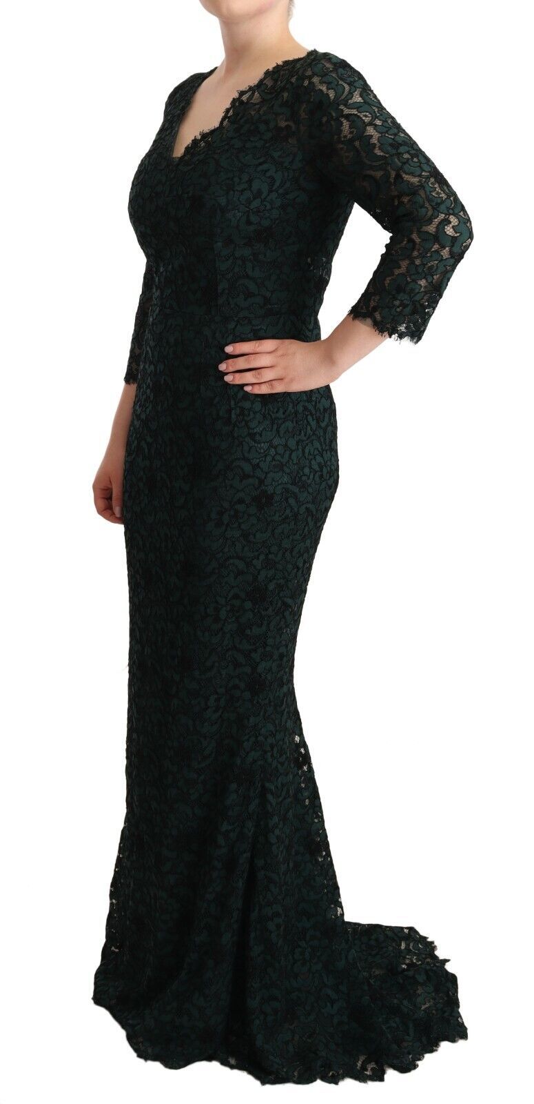 Dolce & Gabbana Green Floral Lace Maxi Floor Length Dress | Regal Royce