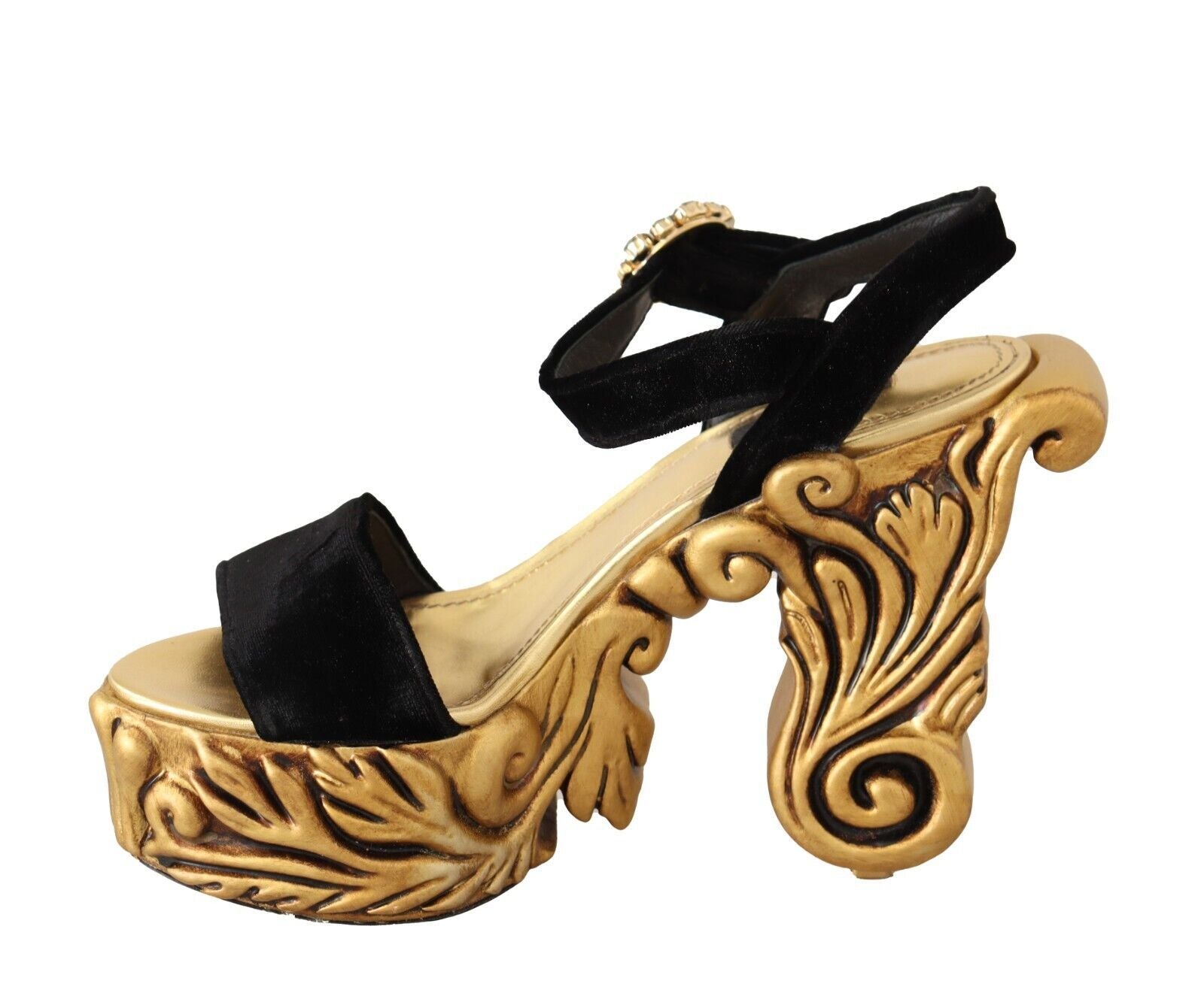 Dolce & Gabbana Black Gold Baroque Velvet Heels Crystal Shoes | Regal Royce