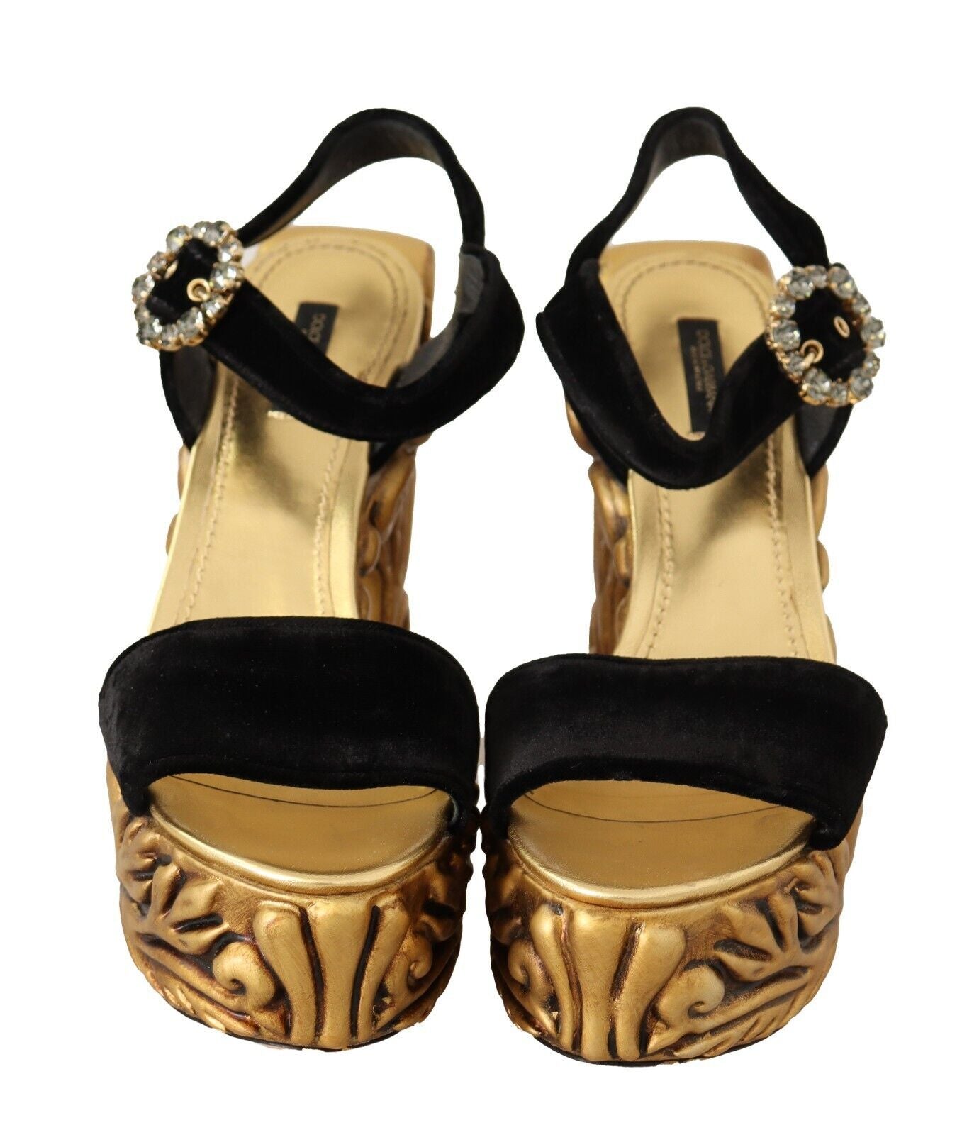 Dolce & Gabbana Black Gold Baroque Velvet Heels Crystal Shoes | Regal Royce