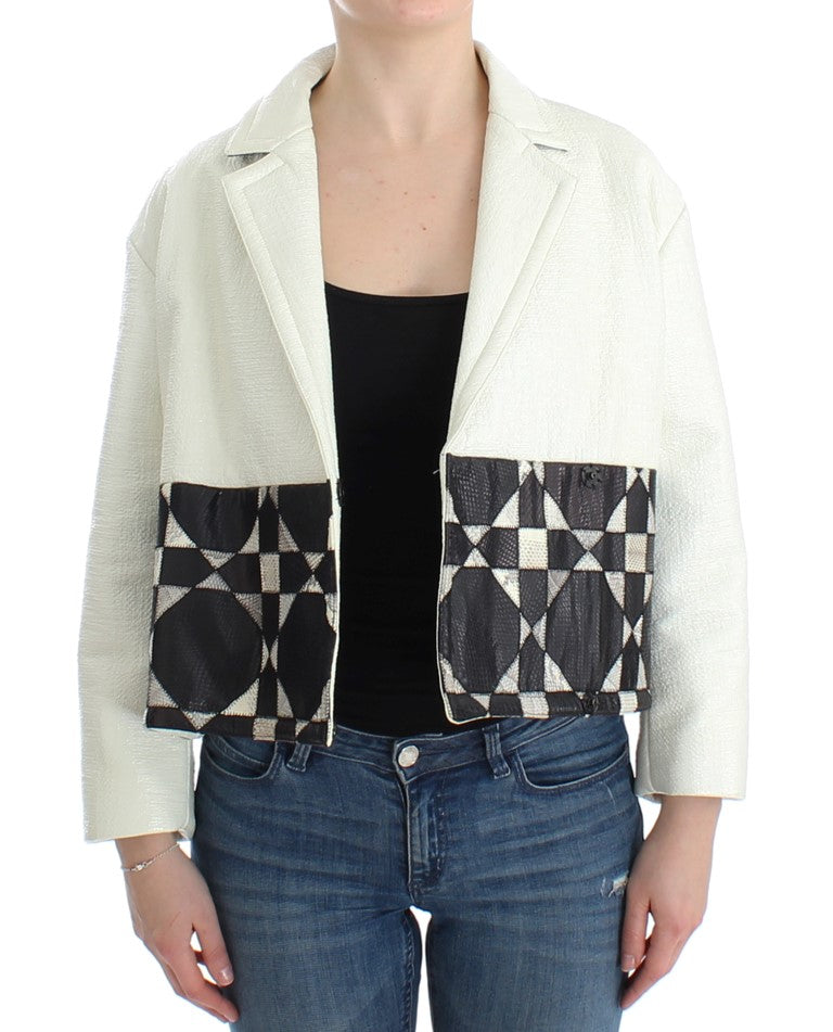 Andrea Pompilio White Black Cropped Leather Jacket | Regal Royce