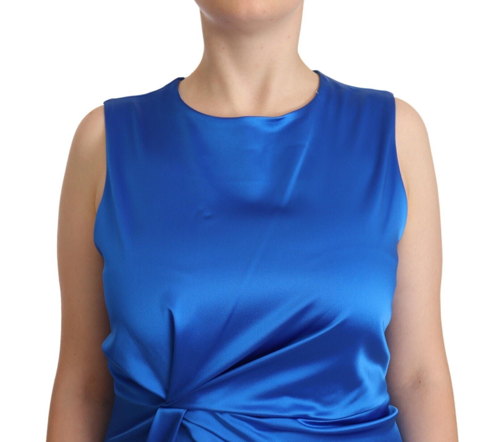 P.A.R.O.S.H. Blue Acetate Sleeveless Pleated Midi Sheath Dress | Regal Royce