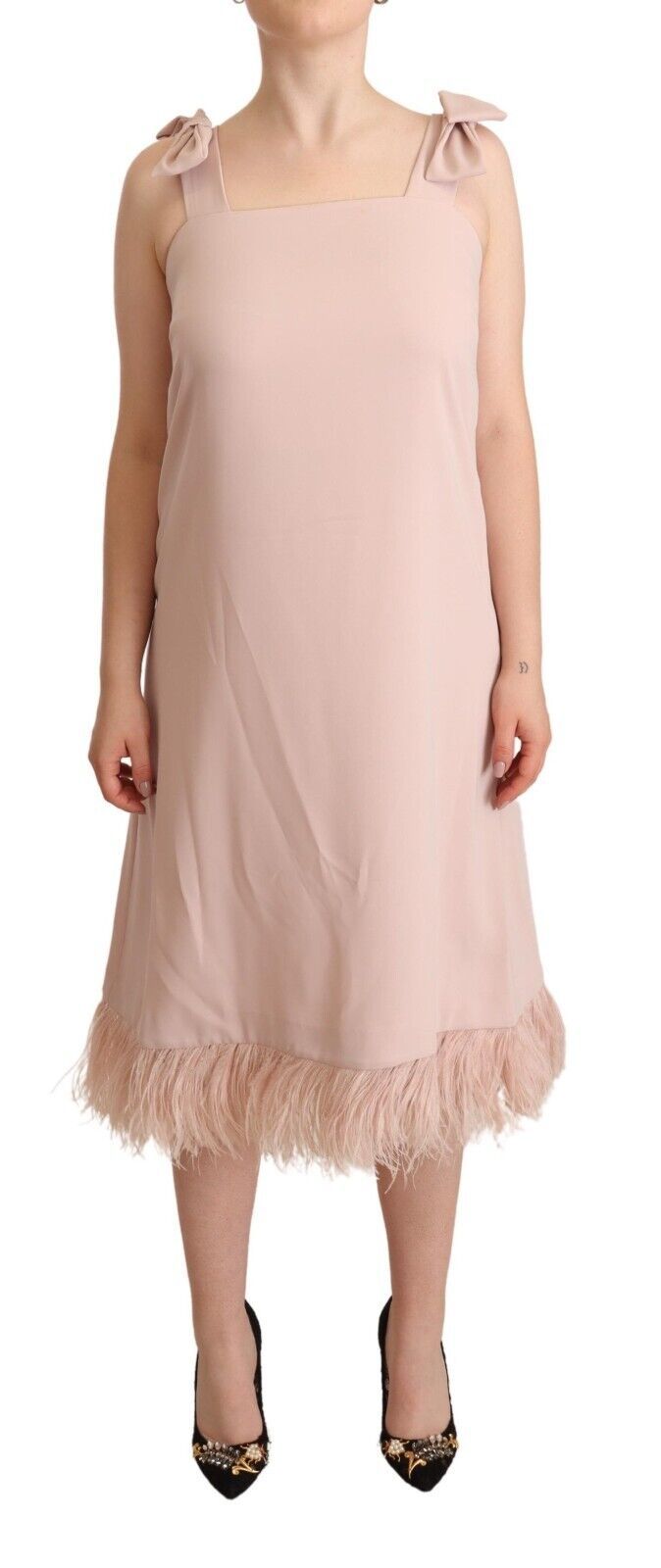 P.A.R.O.S.H. Pink Polyester Sleeveless Midi Feather Shift Dress | Regal Royce
