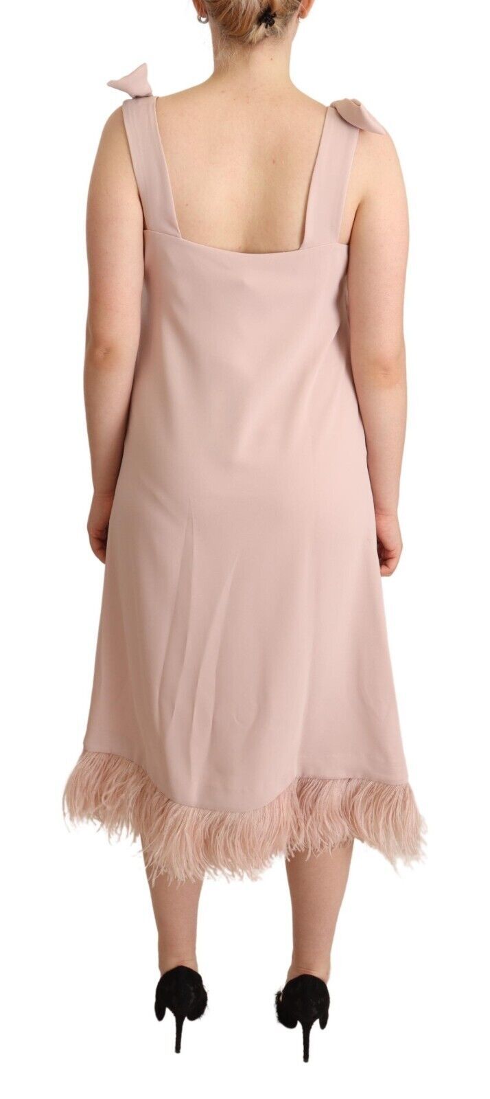 P.A.R.O.S.H. Pink Polyester Sleeveless Midi Feather Shift Dress | Regal Royce