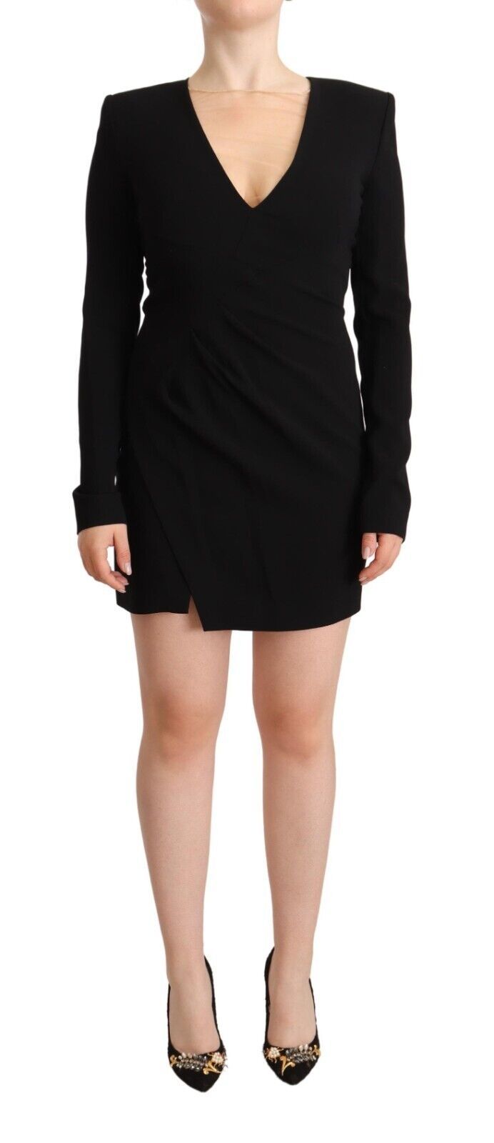 Dsquared² Black Long Sleeves Deep V-neck Mini Sheath Dress | Regal Royce