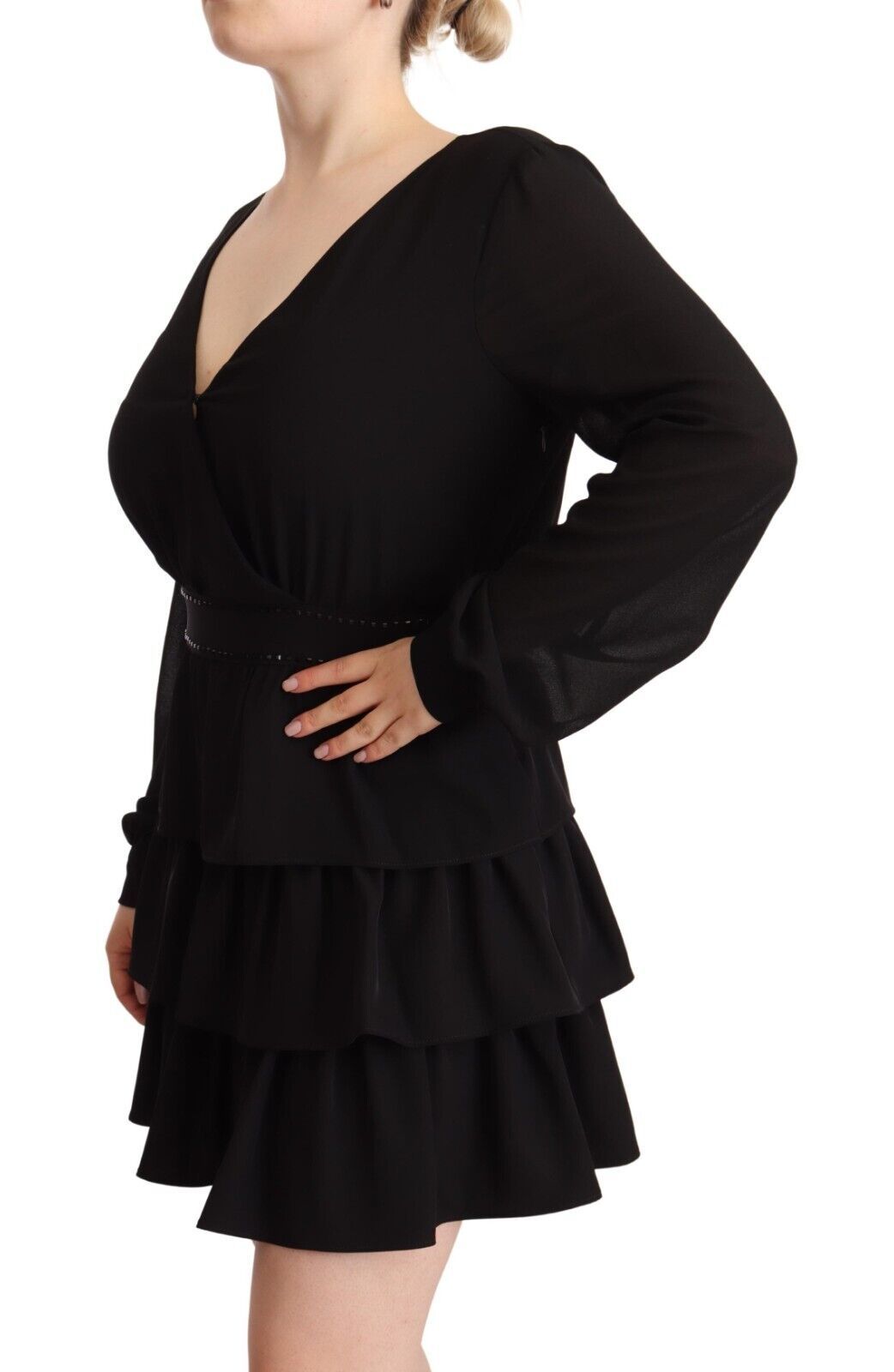Liu Jo Black Polyester Long Sleeves V-neck Mini A-line Dress | Regal Royce