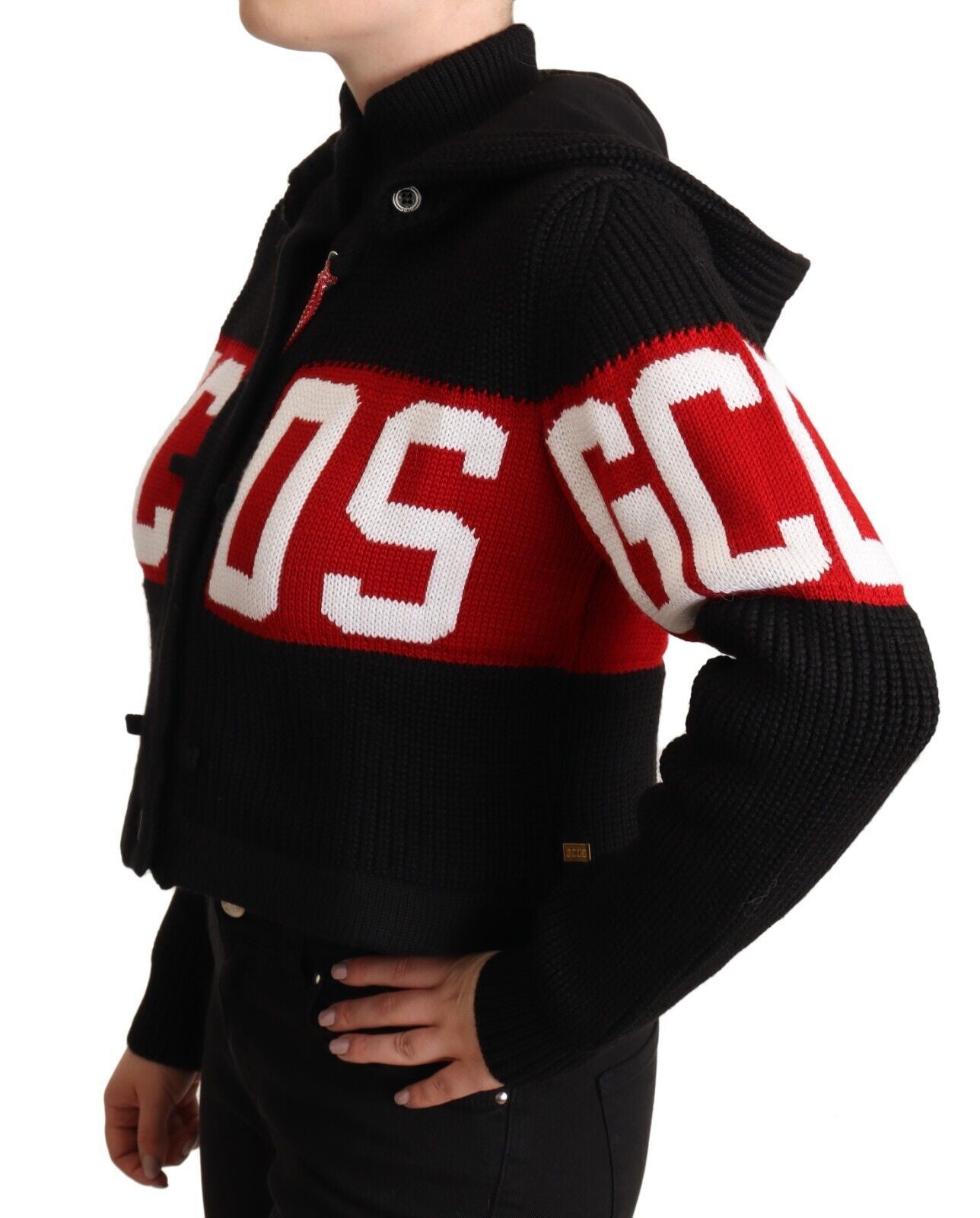 GCDS Black Cashmere Hooded Button Down Logo Cardigan Jacket | Regal Royce