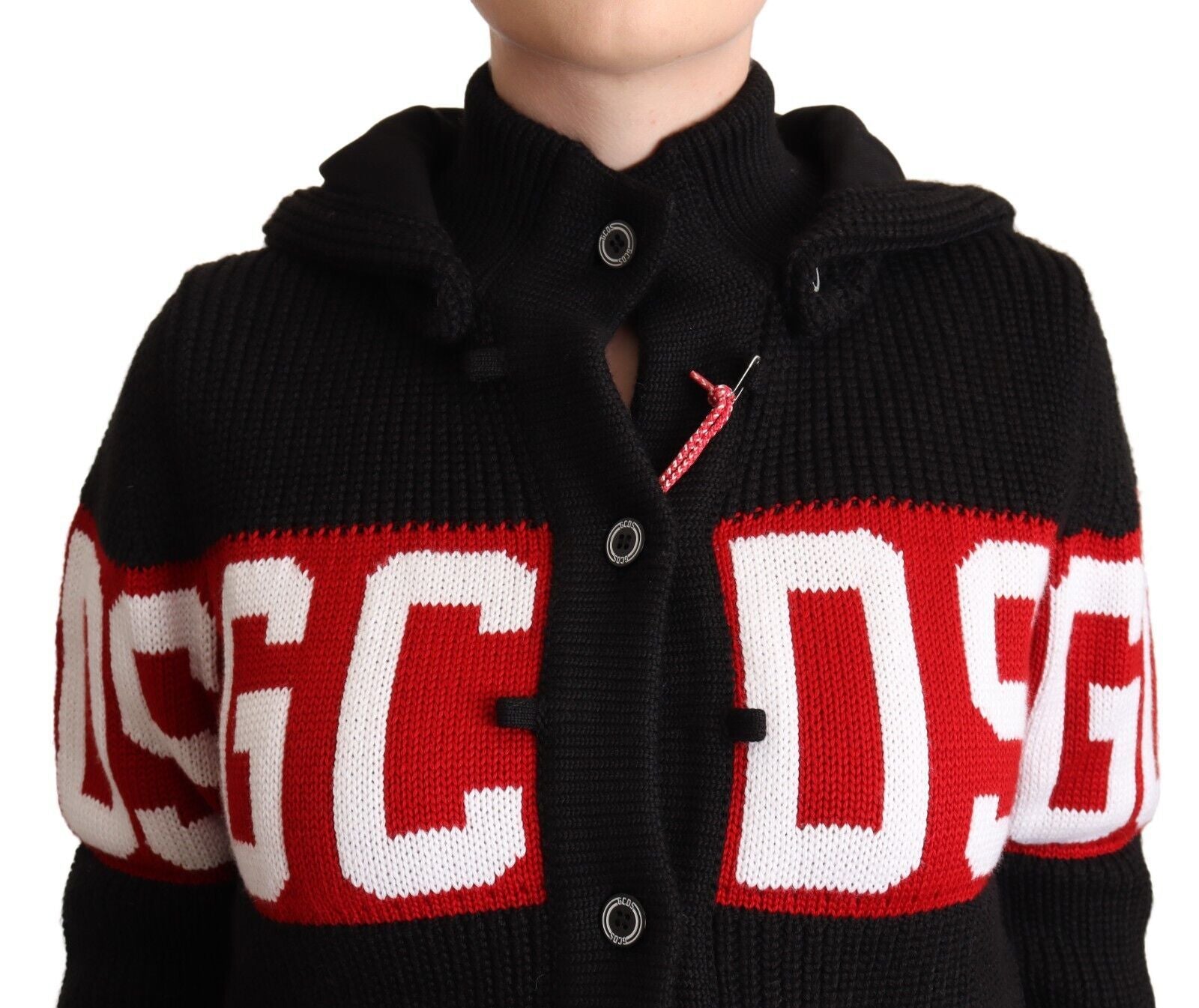 GCDS Black Cashmere Hooded Button Down Logo Cardigan Jacket | Regal Royce