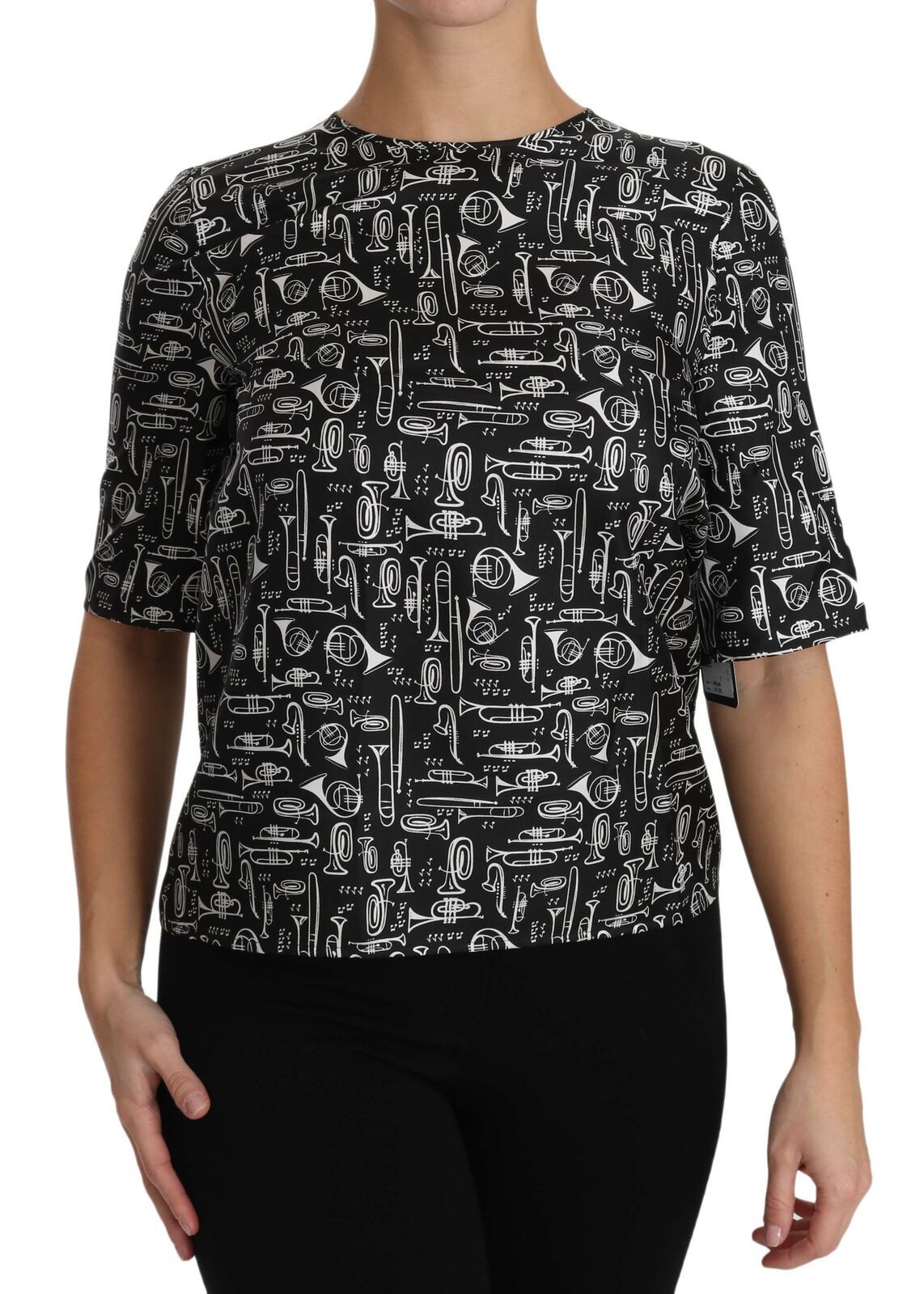 Dolce & Gabbana Black Musical Instruments Print Silk Blouse | Regal Royce