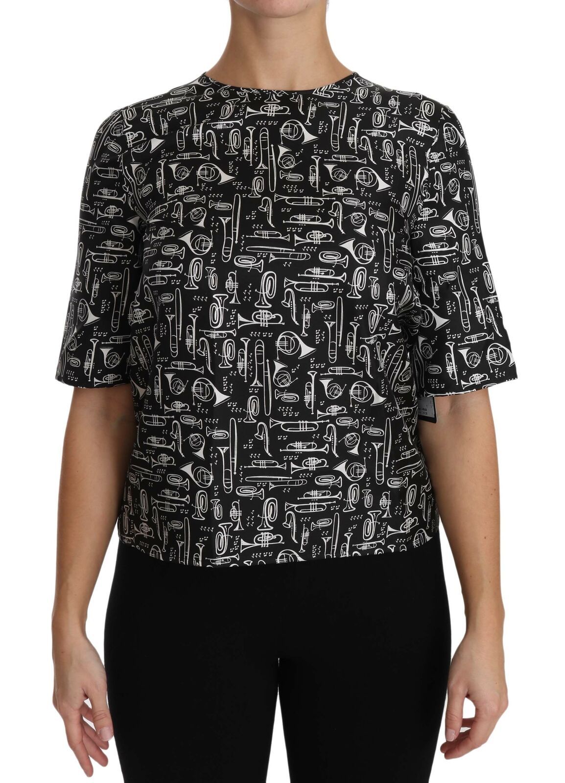 Dolce & Gabbana Black Musical Instruments Print Silk Blouse | Regal Royce