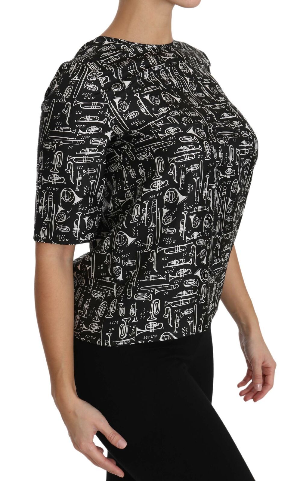 Dolce & Gabbana Black Musical Instruments Print Silk Blouse | Regal Royce