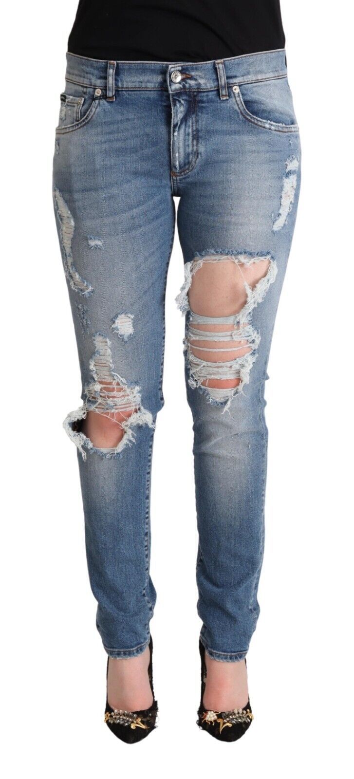 Dolce & Gabbana Blue Distressed Cotton Denim Skinny Jeans | Regal Royce