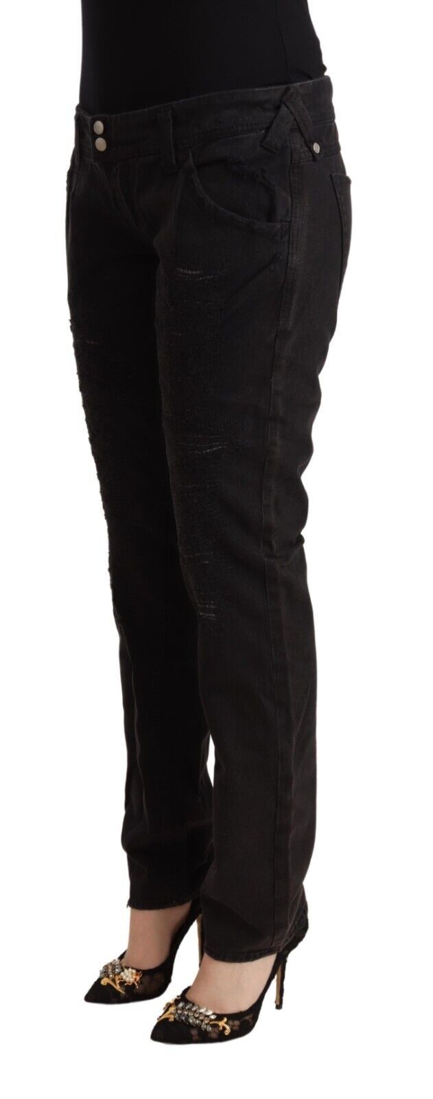 CYCLE Black Cotton Distressed Low Waist Slim Fit Denim Jeans | Regal Royce