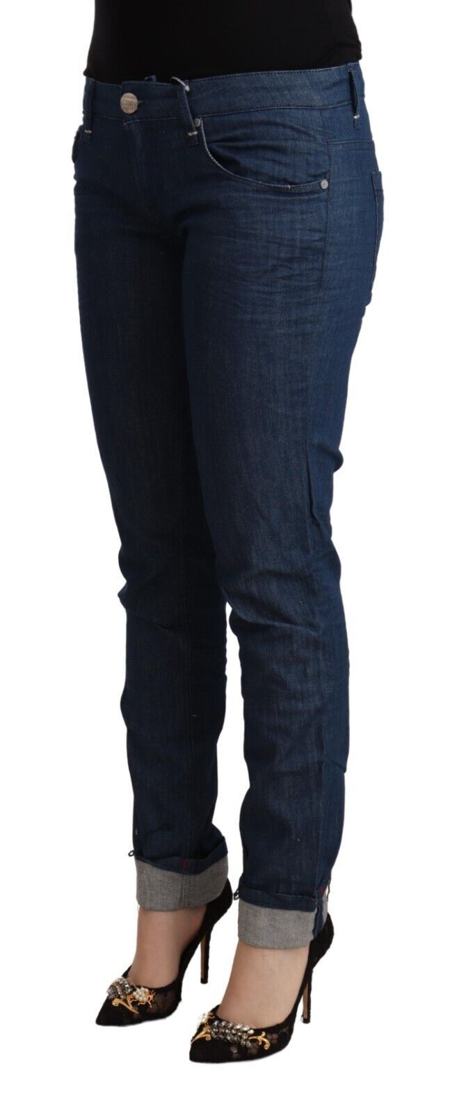 Acht Blue Cotton Low Waist Skinny Denim Folded Hem Jeans | Regal Royce