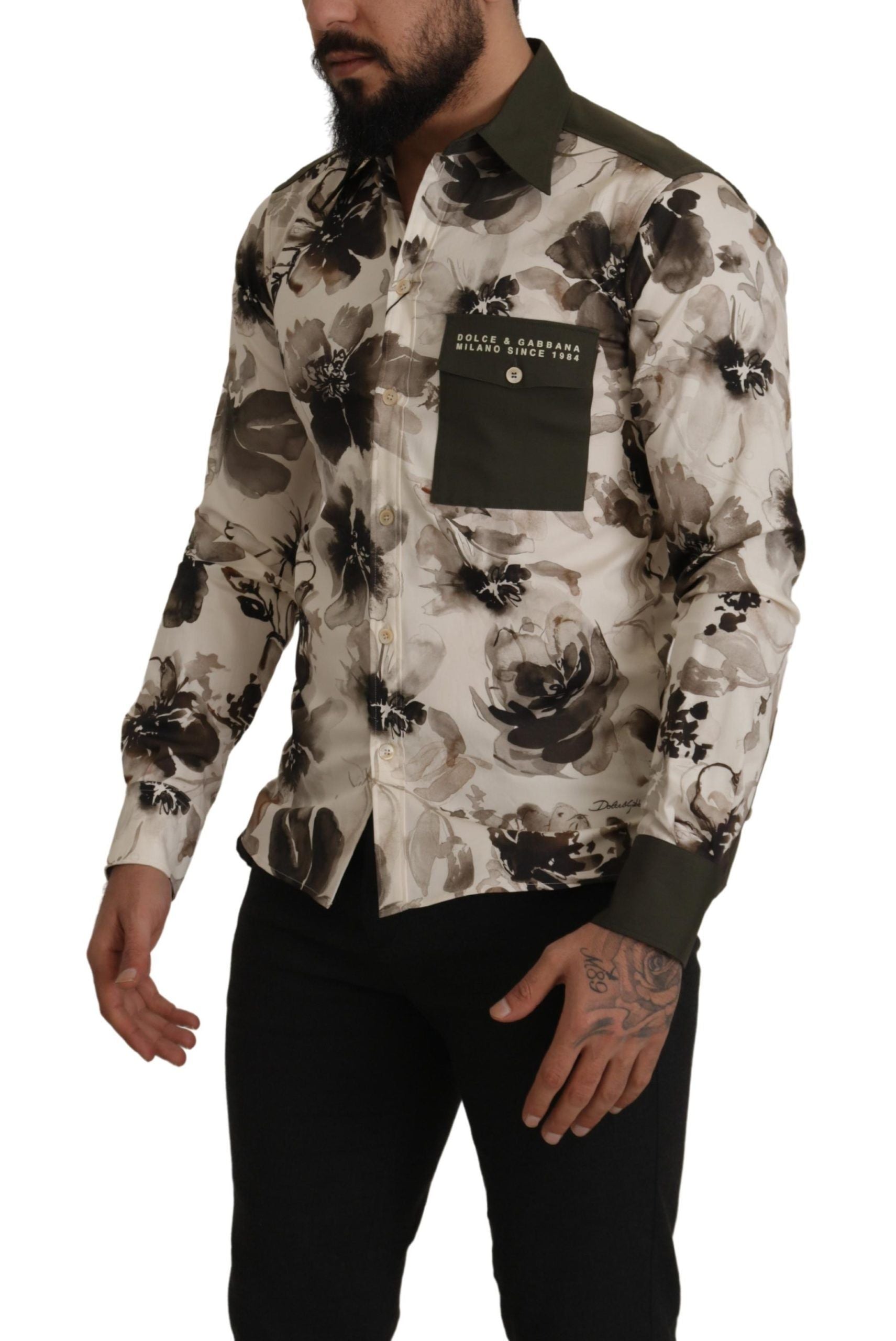 Dolce & Gabbana Green Beige Floral Cotton Stretch Exclusive Shirt | Regal Royce