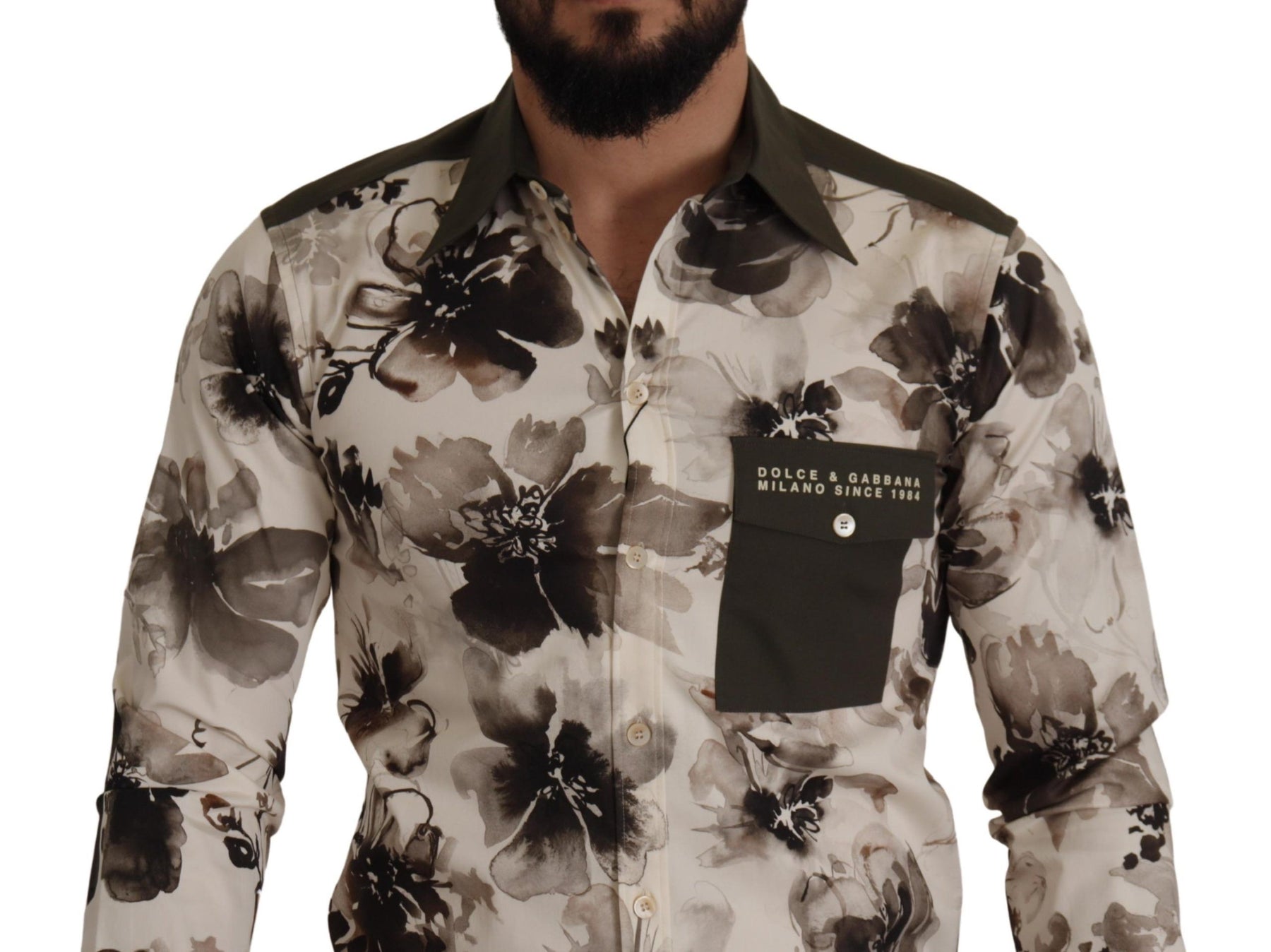 Dolce & Gabbana Green Beige Floral Cotton Stretch Exclusive Shirt | Regal Royce