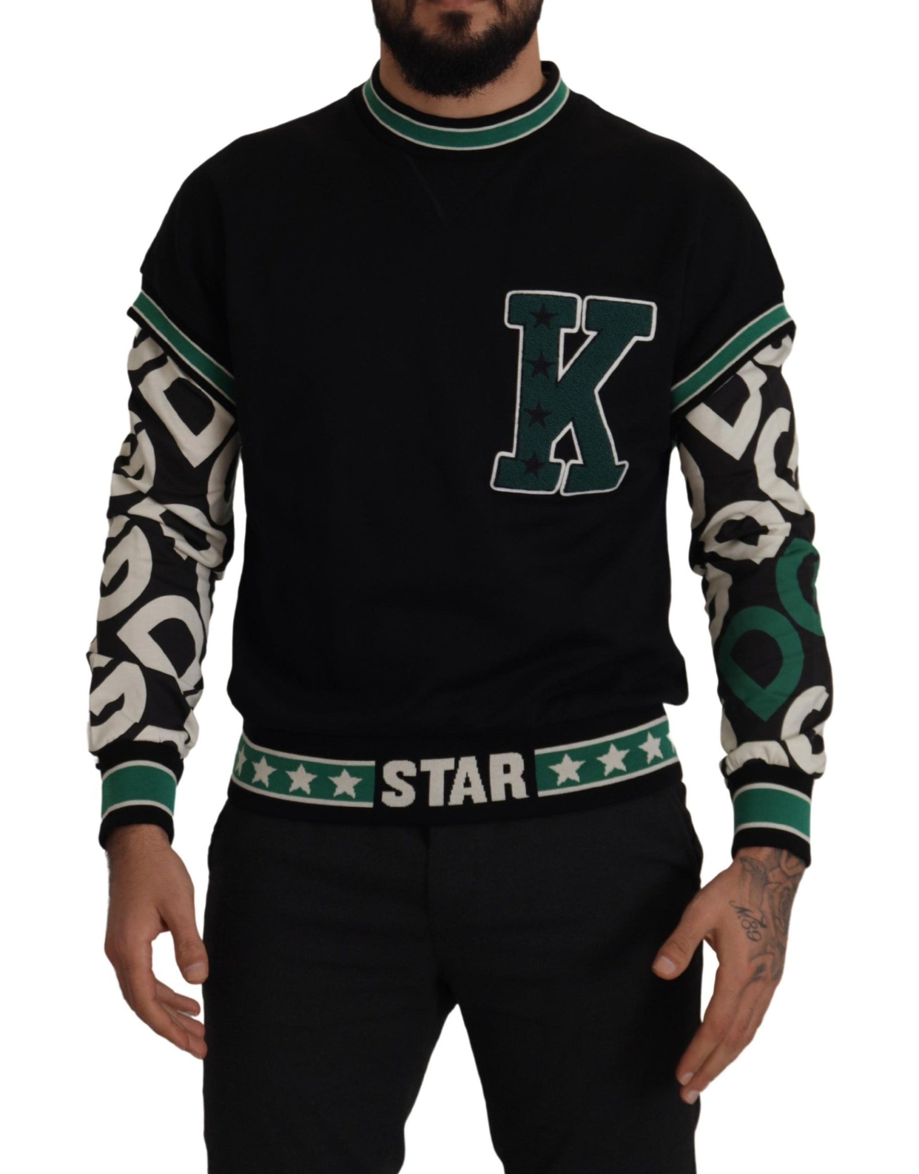 Dolce & Gabbana Black Green Cotton KING Star Crewneck Pullover Sweater | Regal Royce