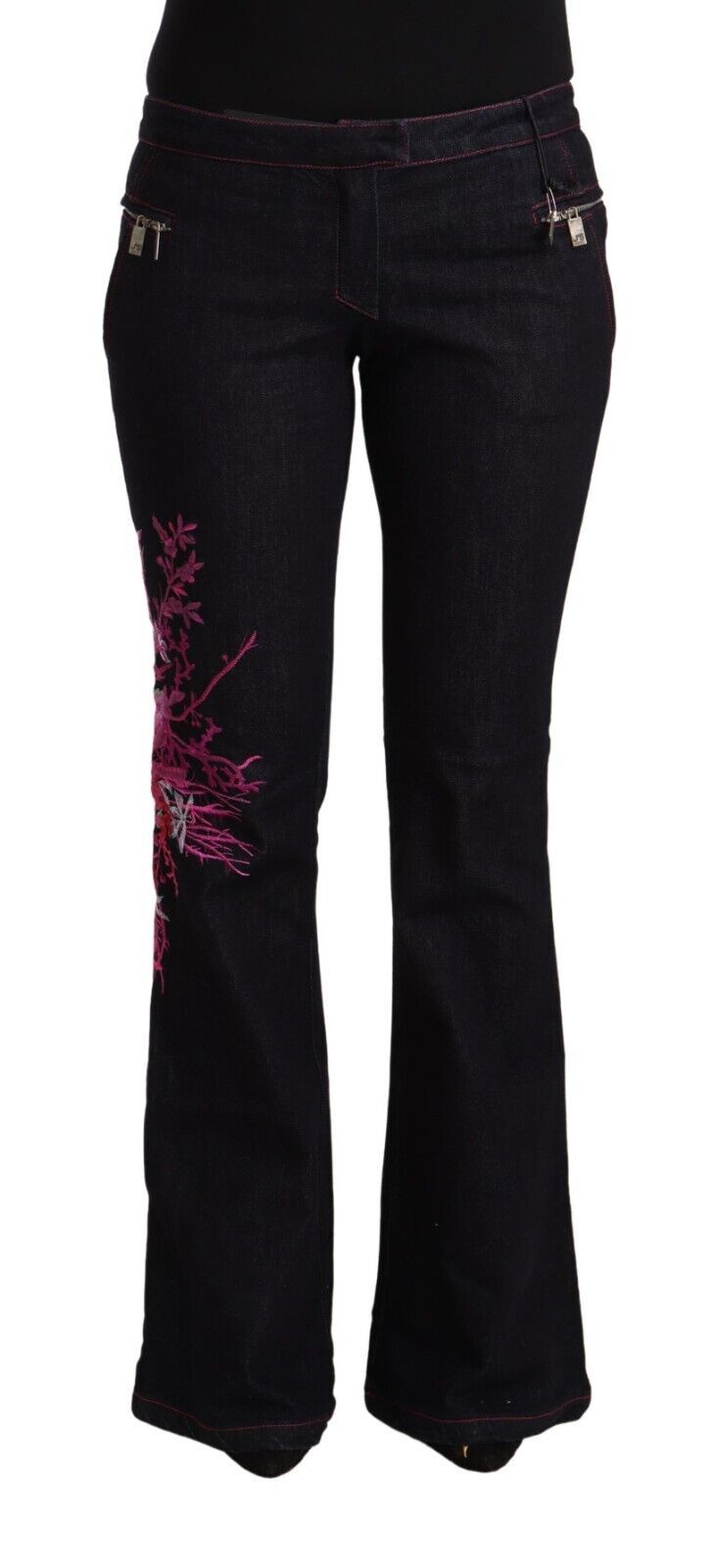 Exte Black Cotton Stretch Mid Waist Cotton Flared Denim Jeans | Regal Royce