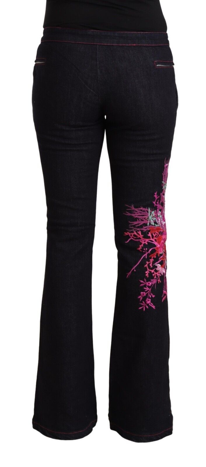 Exte Black Cotton Stretch Mid Waist Cotton Flared Denim Jeans | Regal Royce